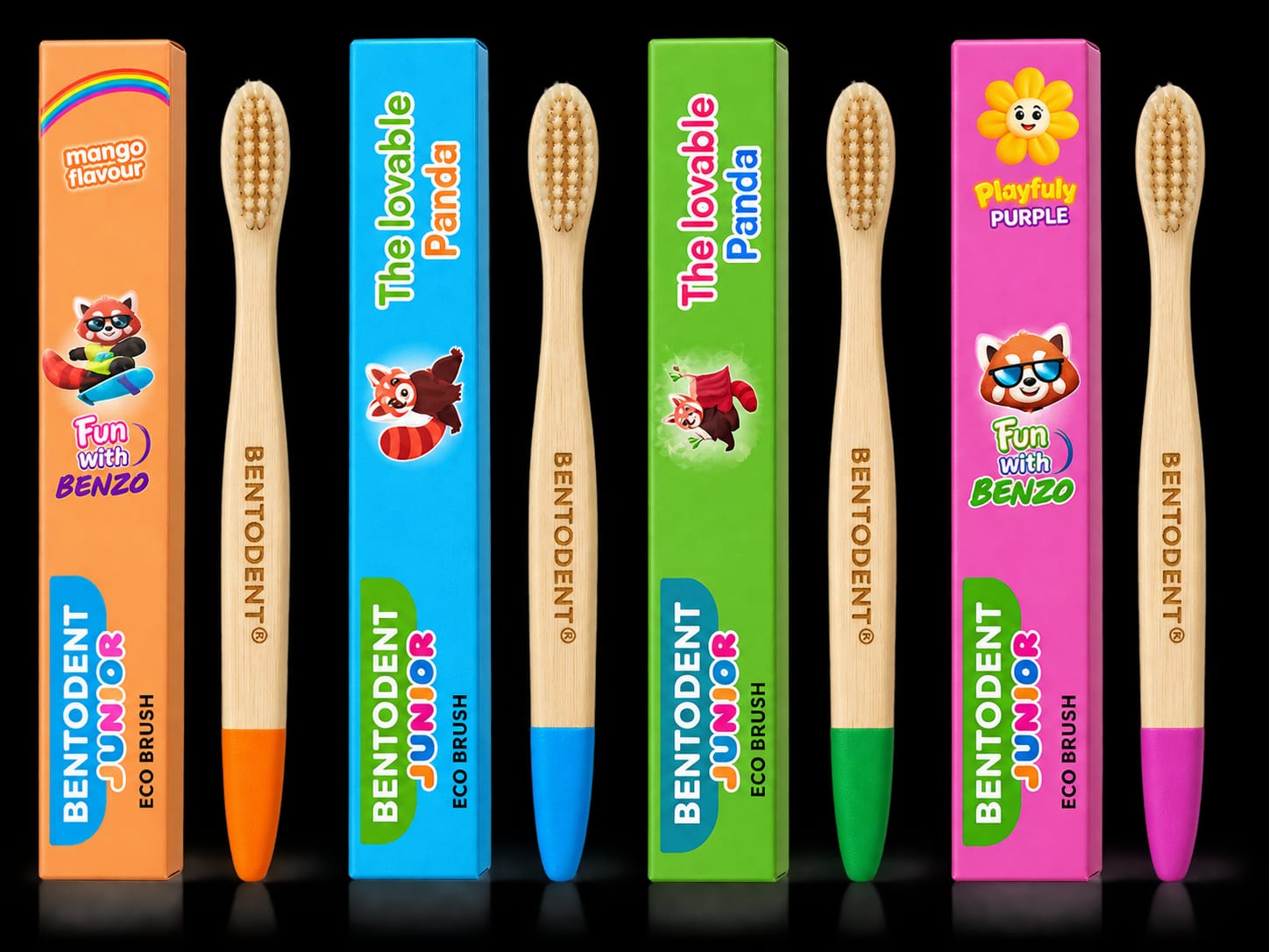 Bentodent Kids Soft Fibre Bristle Toothbrush Set Pack of 4 Multicolor Flat Bamboo Brush