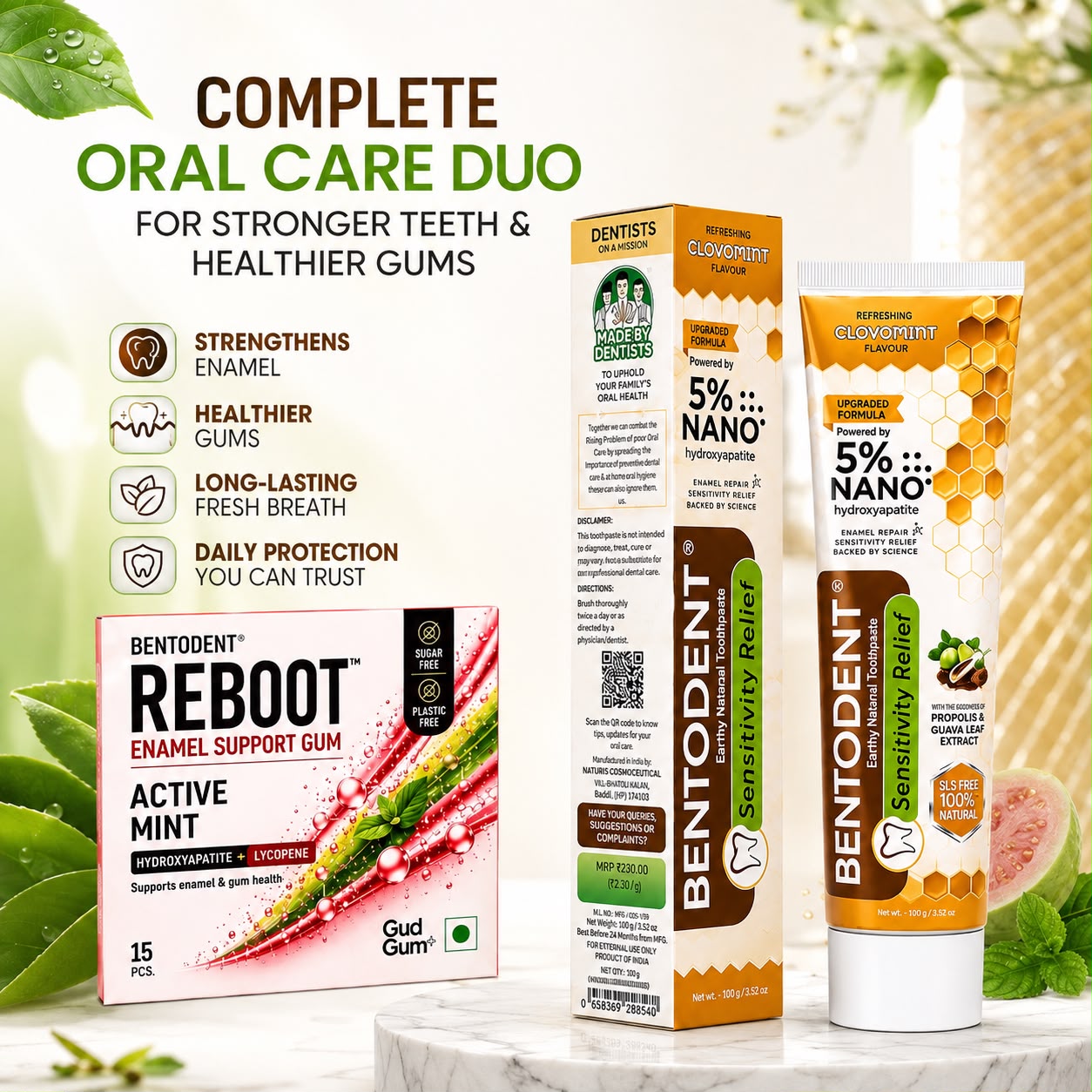 Bentodent Sensitivity Relief Toothpaste 100g + REBOOT Active Mint Enamel Support Gum 15 Pcs with Nano Hydroxyapatite & Lycopene | Sugar Free & Plastic Free Chewing Gum | Enamel Repair, Sensitive Teeth & Fresh Breath | Daily Oral Care Combo