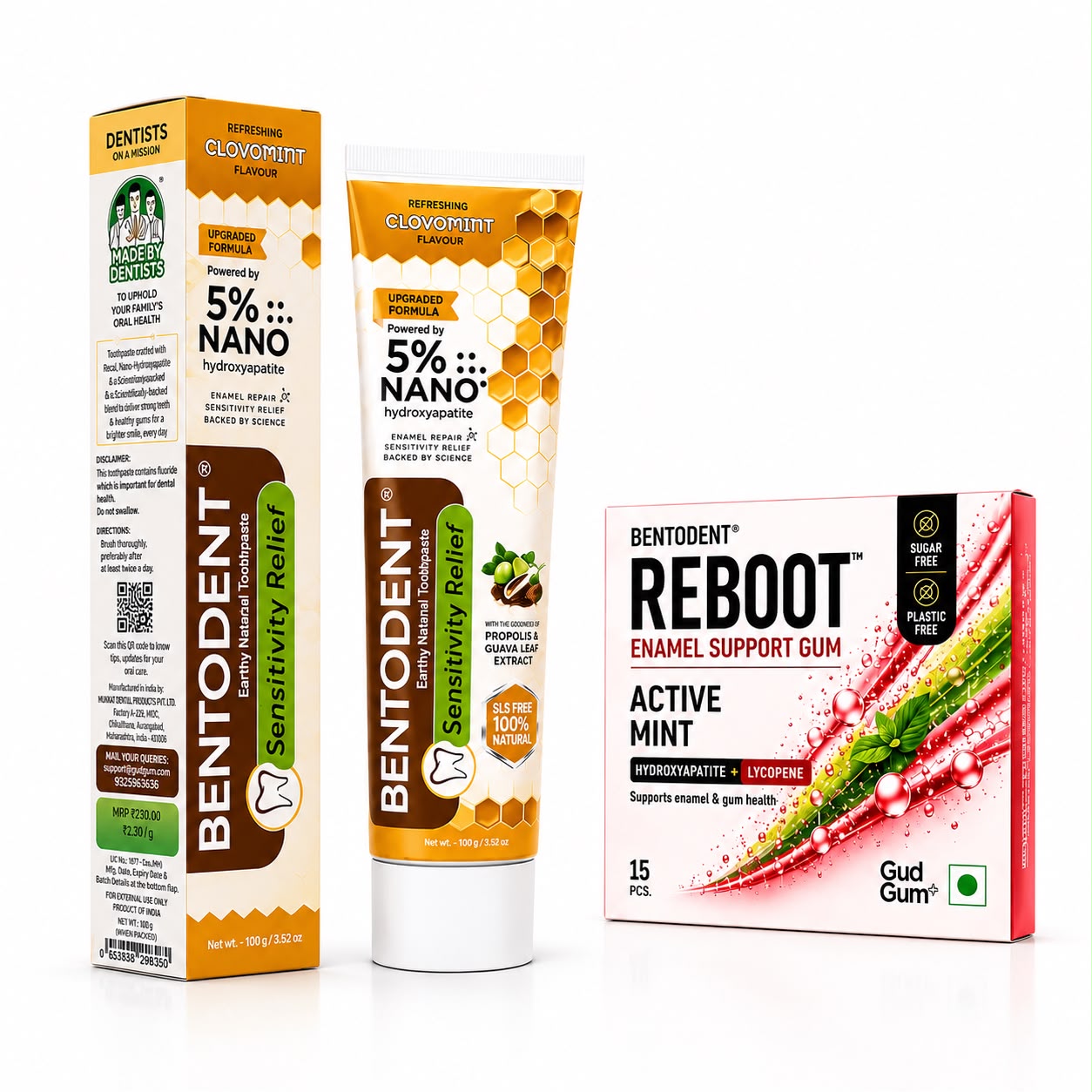 Bentodent Sensitivity Relief Toothpaste 100g + REBOOT Active Mint Enamel Support Gum 15 Pcs with Nano Hydroxyapatite & Lycopene | Sugar Free & Plastic Free Chewing Gum | Enamel Repair, Sensitive Teeth & Fresh Breath | Daily Oral Care Combo