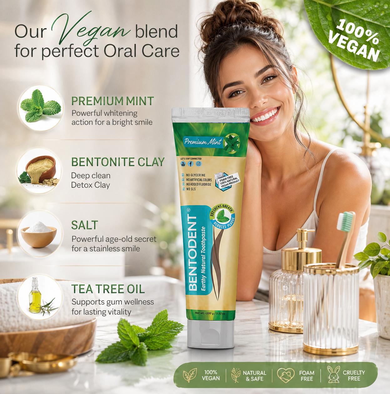 Bentodent Premium Mint Herbal Toothpaste - SLS Free , Natural & Fluoride Free - 100 gm