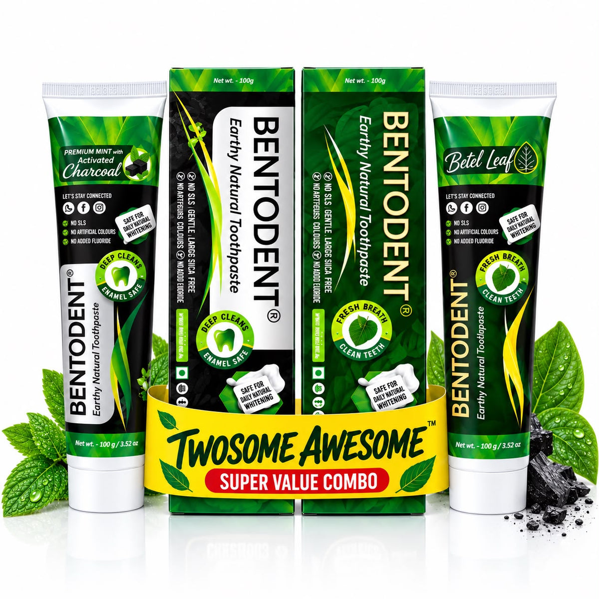 Bentodent Charcoal & Betel Leaf Natural Toothpaste Combo Pack of 2 | Teeth Whitening & Gum Care | Helps Fight Cavities, Plaque & Bad Breath | Fluoride & SLS Free | 100g Each