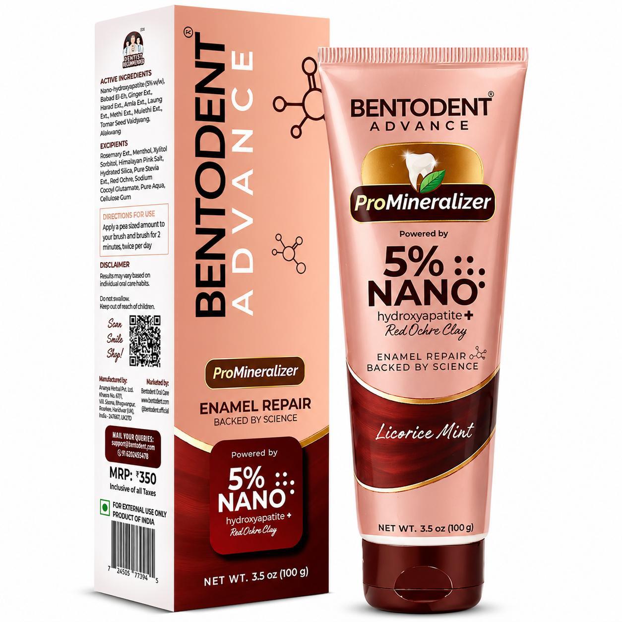 Bentodent Advance Promineraliser with 5% Nano Hydroxyapatite & Licorice mint | SLS & Chemical free | Flouride Free | Enamel repair | Teeth Whitening| Fights Cavities,Gum Diseases & Bad Breath | Vegan | Organic| Made by Dentists