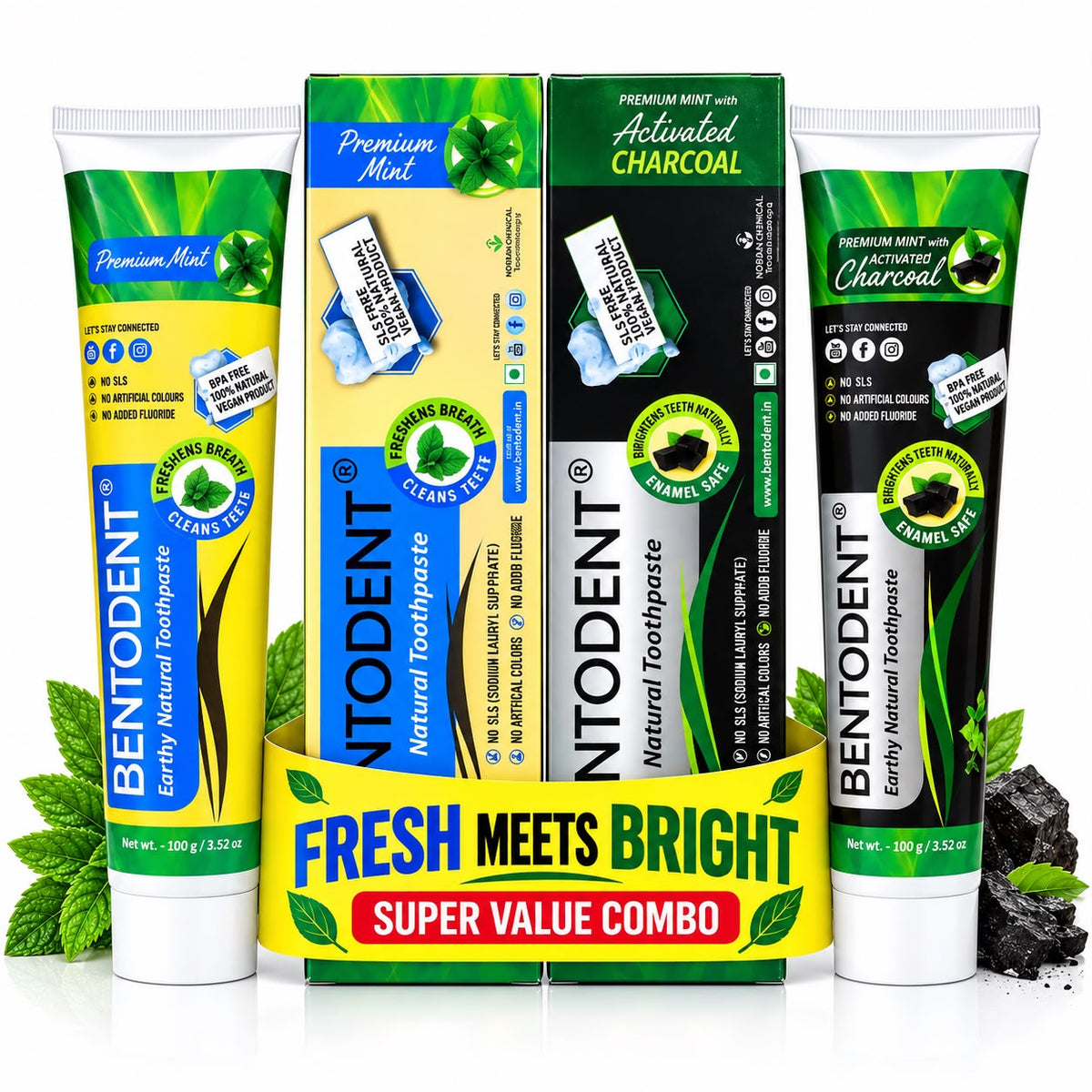 Bentodent Charcoal & Premium Mint Toothpaste Combo Pack of 2 | Natural Oral Care for Teeth Whitening, Fresh Breath & Gum Care | Fluoride & SLS Free | 100g Each