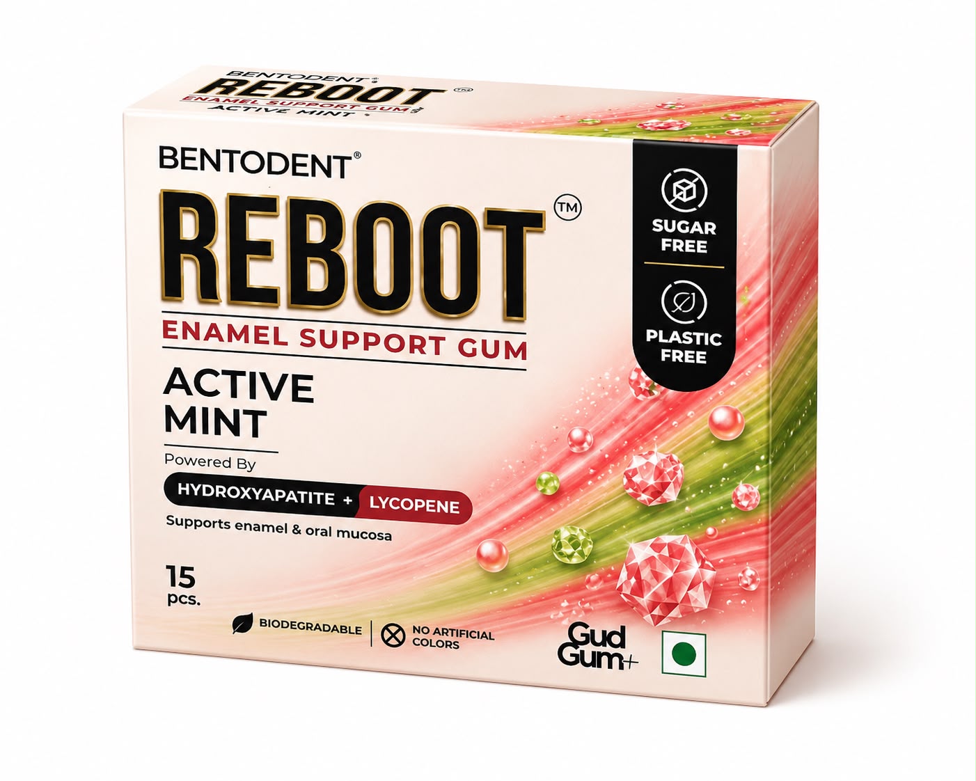 BENTODENT REBOOT Premium Enamel Support Gum – Hydroxyapatite + Lycopene Oral Care Formula, Sugar Free Active Mint Gum, Supports Enamel & Oral Mucosa, Biodegradable, 15 Pcs