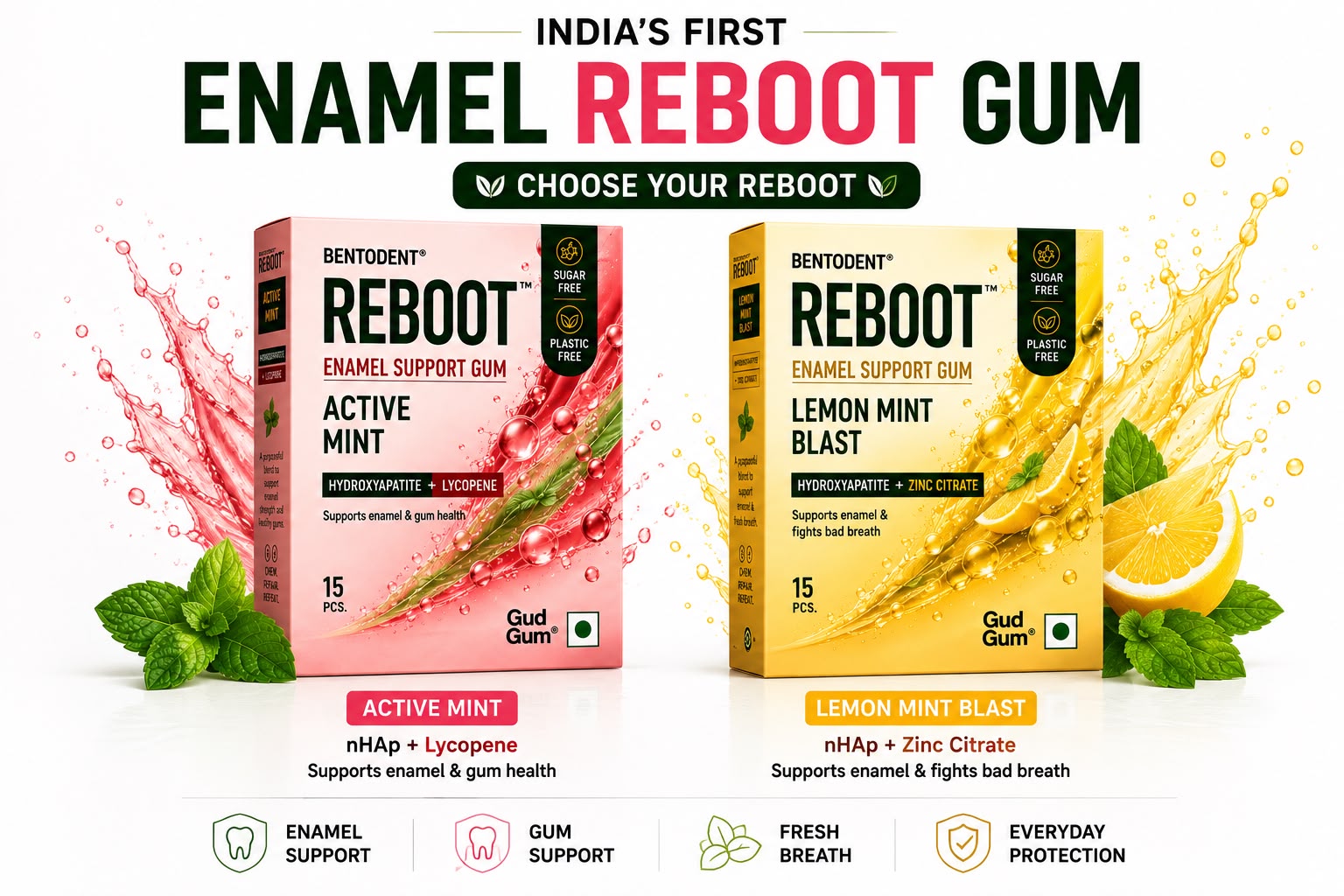 BENTODENT REBOOT Premium Enamel Support Gum – Hydroxyapatite + Lycopene Oral Care Formula, Sugar Free Active Mint Gum, Supports Enamel & Oral Mucosa, Biodegradable, 15 Pcs