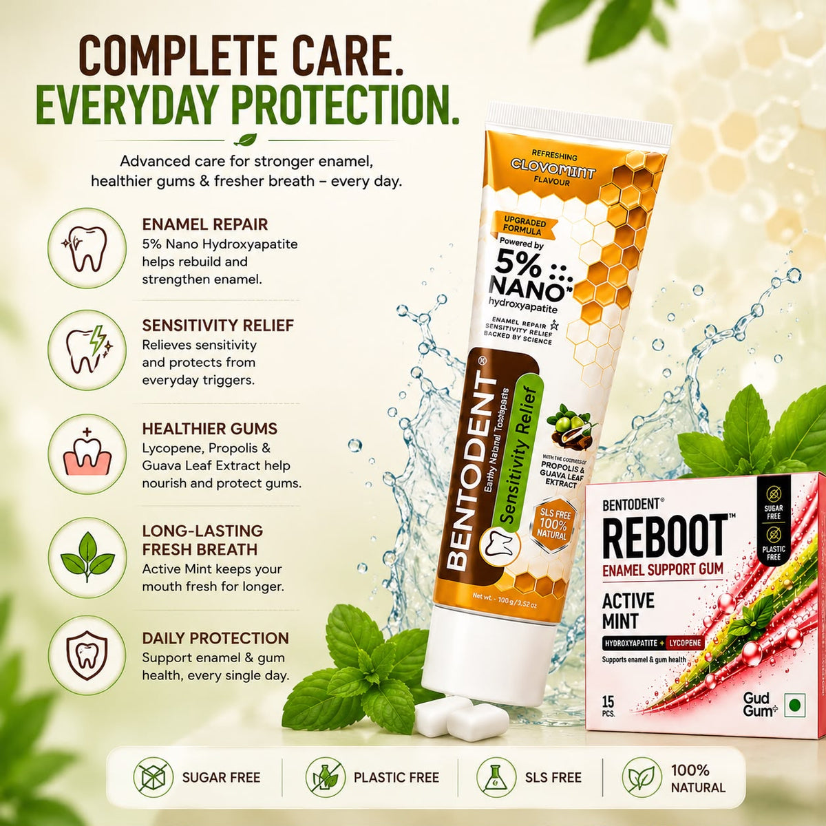 Bentodent Sensitivity Relief Toothpaste 100g + REBOOT Active Mint Enamel Support Gum 15 Pcs with Nano Hydroxyapatite & Lycopene | Sugar Free & Plastic Free Chewing Gum | Enamel Repair, Sensitive Teeth & Fresh Breath | Daily Oral Care Combo