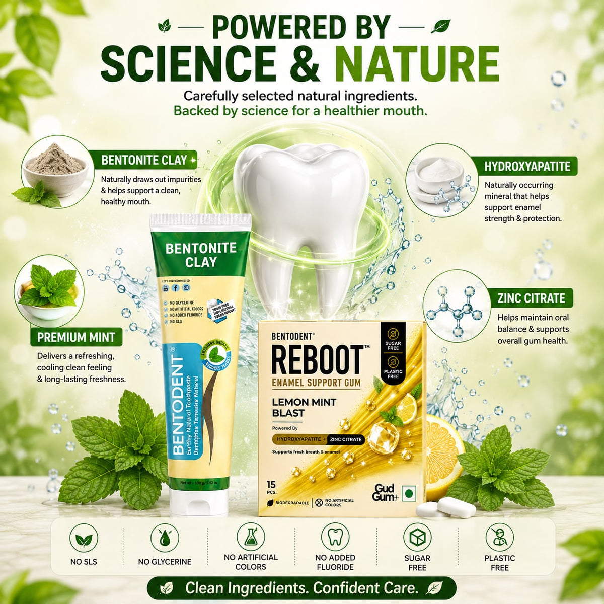 Bentodent Natural Toothpaste 100g with Premium Mint & Calcium Bentonite + REBOOT Lemon Mint Blast Enamel Support Gum 15 Pcs | Sugar Free & Plastic Free Gum | Nano Hydroxyapatite & Zinc Citrate | Fresh Breath, Bad Breath Control & Daily Oral Care Combo