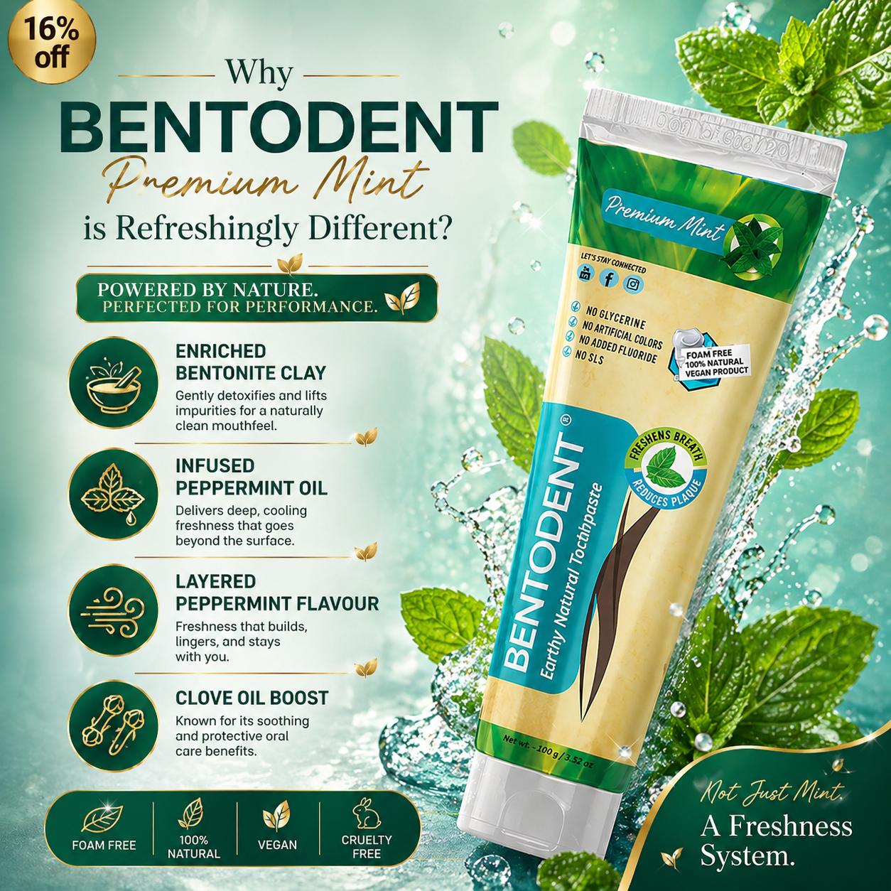 Bentodent Premium Mint Natural Toothpaste (Twin Pack) - 100 gm each