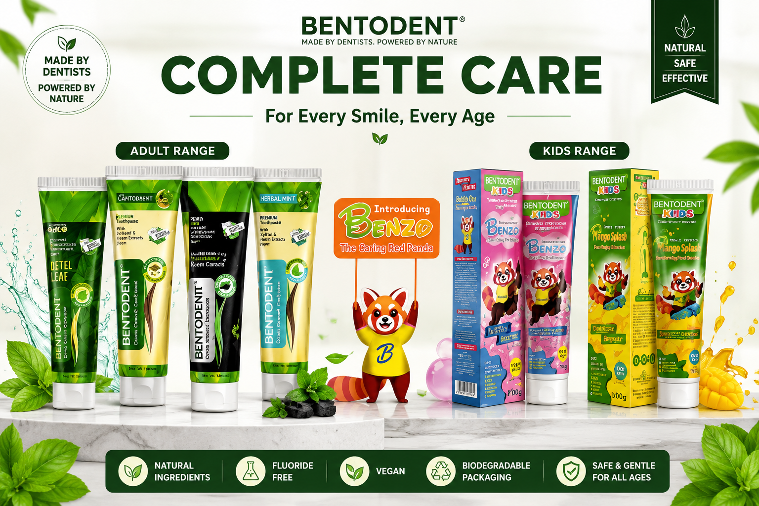 **Bentodent Complete Care Collection | Natural Oral Care Range for Adults & Kids | Herbal & Specialty Toothpaste Collection | Made by Dentists, Powered by Nature | Vegan, Fluoride-Free & Eco-Friendly**