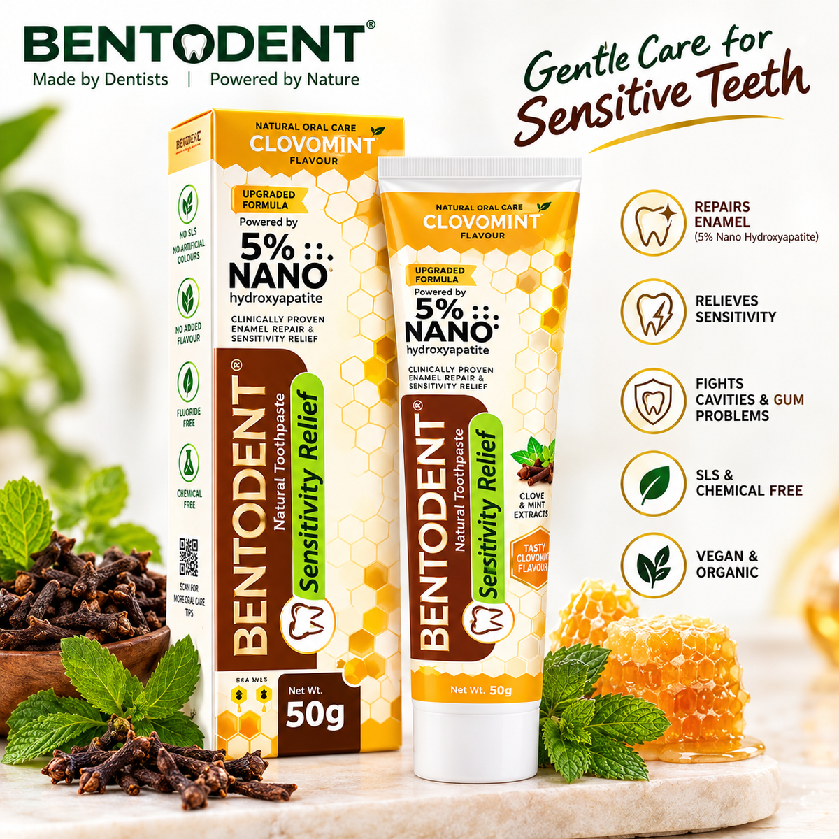 Bentodent Toothpaste -Natural Sensitivity Relief Toothpaste with Clove And Mint - 50 Gm