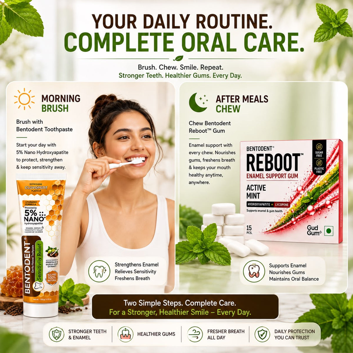 Bentodent Sensitivity Relief Toothpaste 100g + REBOOT Active Mint Enamel Support Gum 15 Pcs with Nano Hydroxyapatite & Lycopene | Sugar Free & Plastic Free Chewing Gum | Enamel Repair, Sensitive Teeth & Fresh Breath | Daily Oral Care Combo