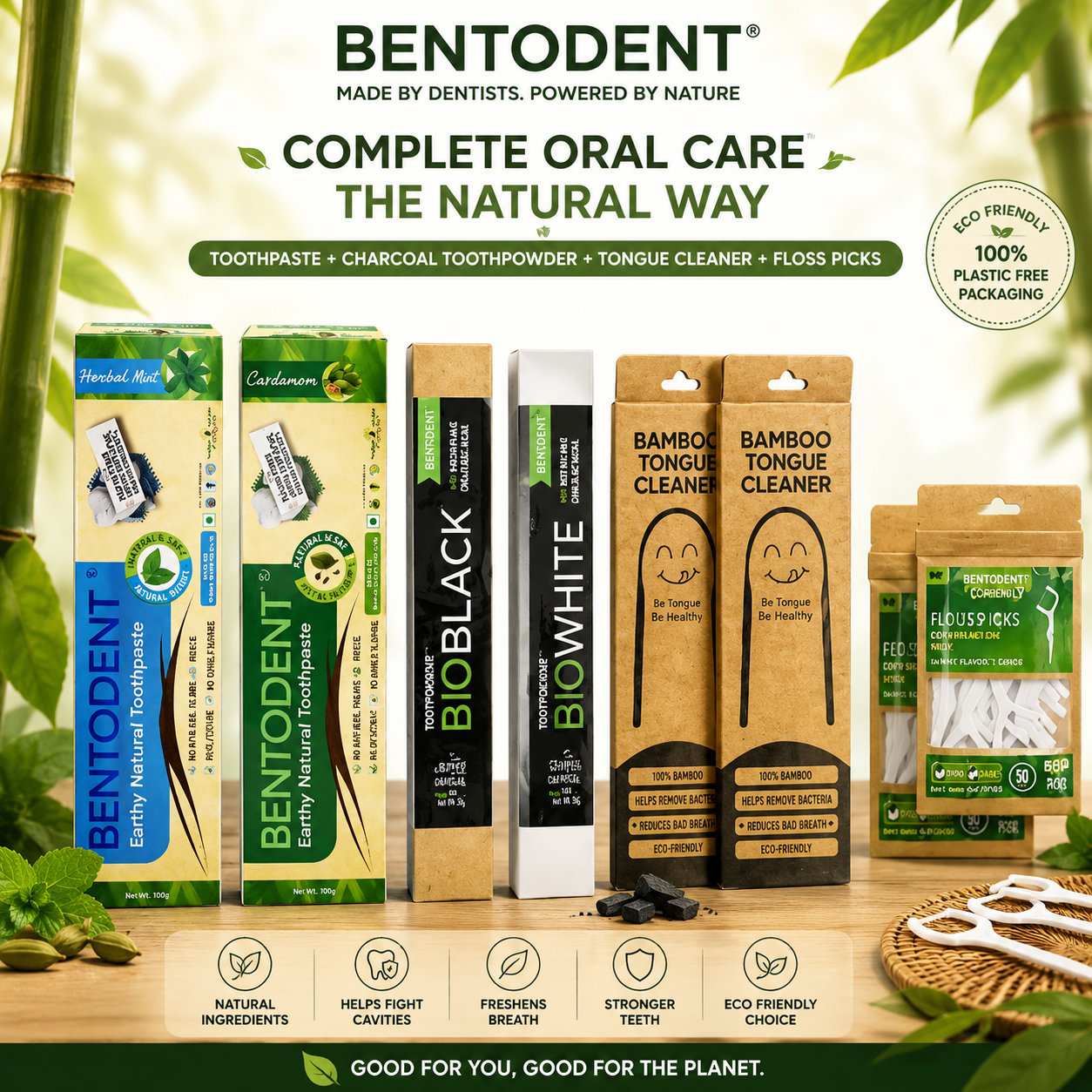 Bentodent Family Smile Box | Complete Natural Oral Care Kit | 2 Toothpastes, 2 Bio Toothbrushes, 2 Bamboo Tongue Cleaners & Cleanx3 Floss | Vegan, Fluoride-Free & Biodegradable