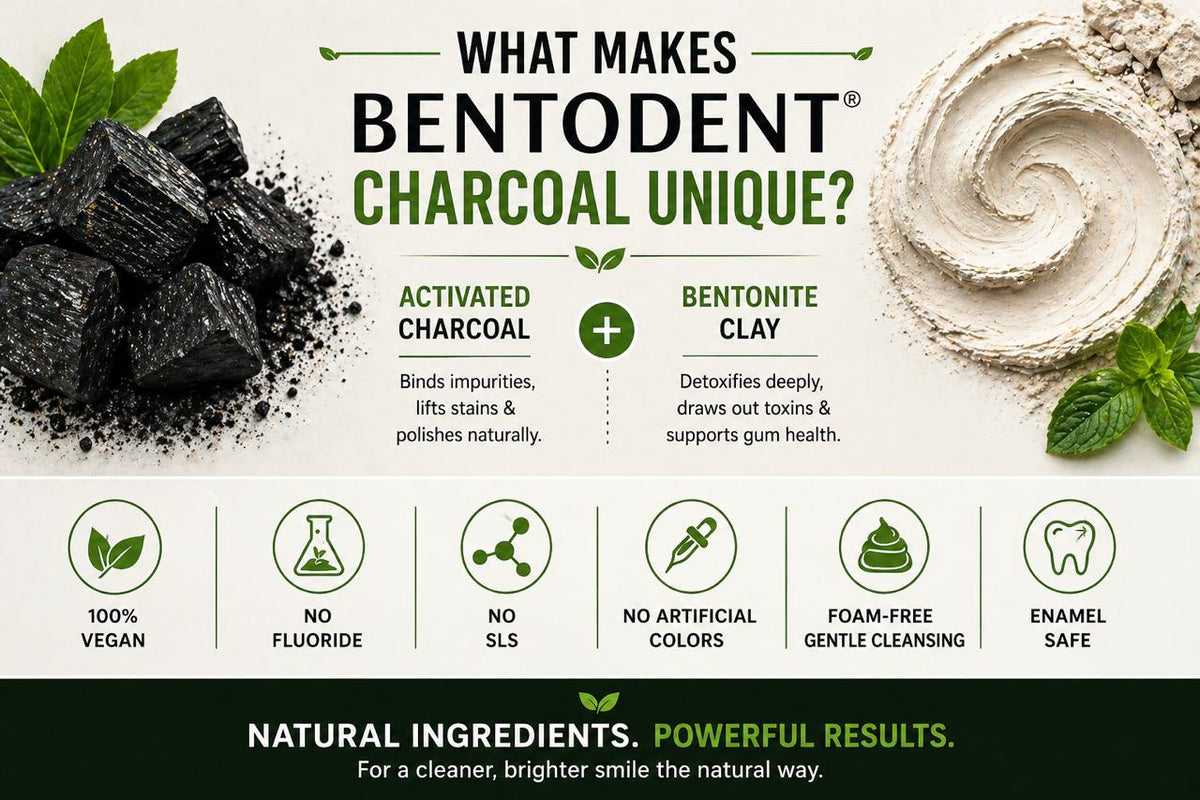 **Bentodent Smile Box | Complete Natural Oral Care Kit | Activated Charcoal Toothpaste 100g + Bio Black Soft Toothbrush + Bamboo Tongue Cleaner + Cleanx3 Floss (30 Pack) | Vegan, Fluoride-Free & Biodegradable**