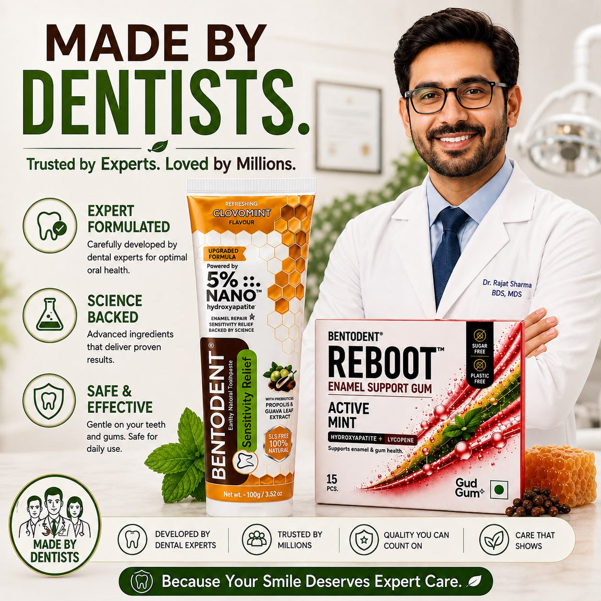 Bentodent Sensitivity Relief Toothpaste 100g + REBOOT Active Mint Enamel Support Gum 15 Pcs with Nano Hydroxyapatite & Lycopene | Sugar Free & Plastic Free Chewing Gum | Enamel Repair, Sensitive Teeth & Fresh Breath | Daily Oral Care Combo