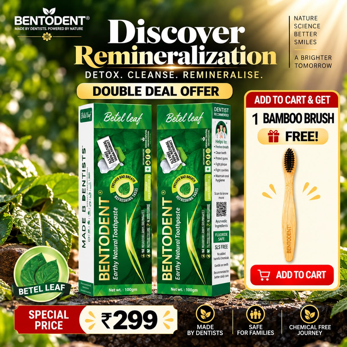 Bentodent Betel Leaf Toothpaste | Twin Pack (100g Each) | Natural Betel Leaf Care | Total 200g | FREE 1 Bamboo Toothbrush**