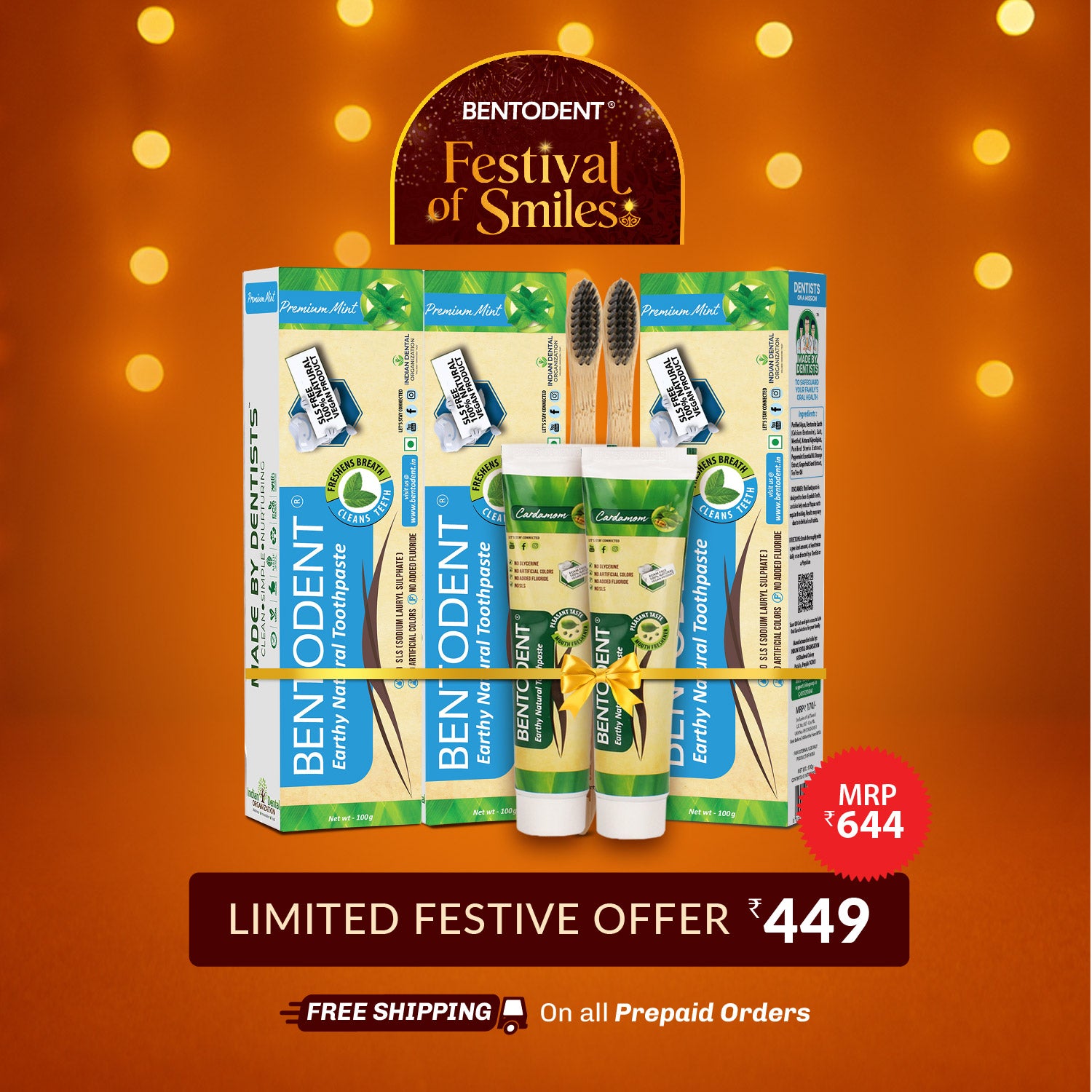 Bentodent Premium Mint Herbal Toothpaste - SLS Free , Natural & Fluoride Free - 100 gm (FREE DIYA).