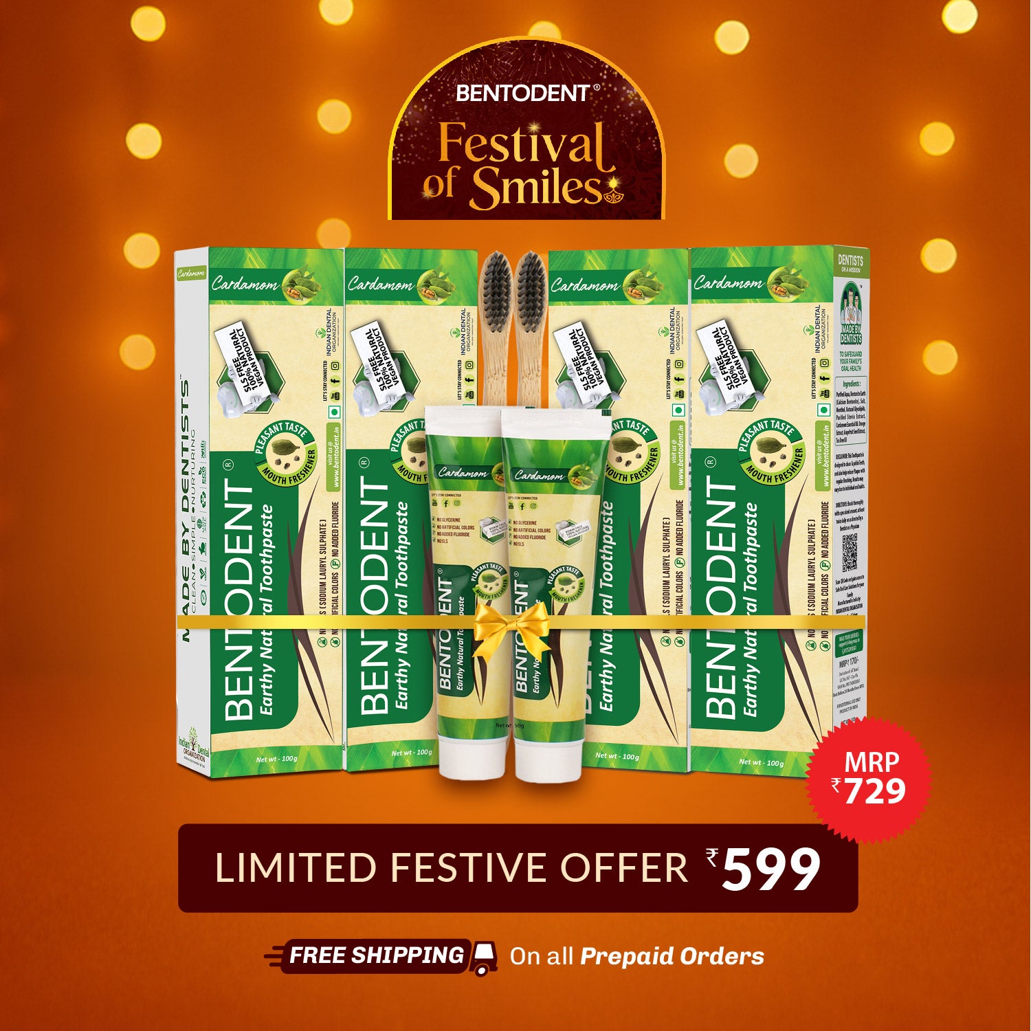 Bentodent Cardamom Toothpaste - Natural, No SLS & Fluoride Free - 100 gm (FREE DIYA).