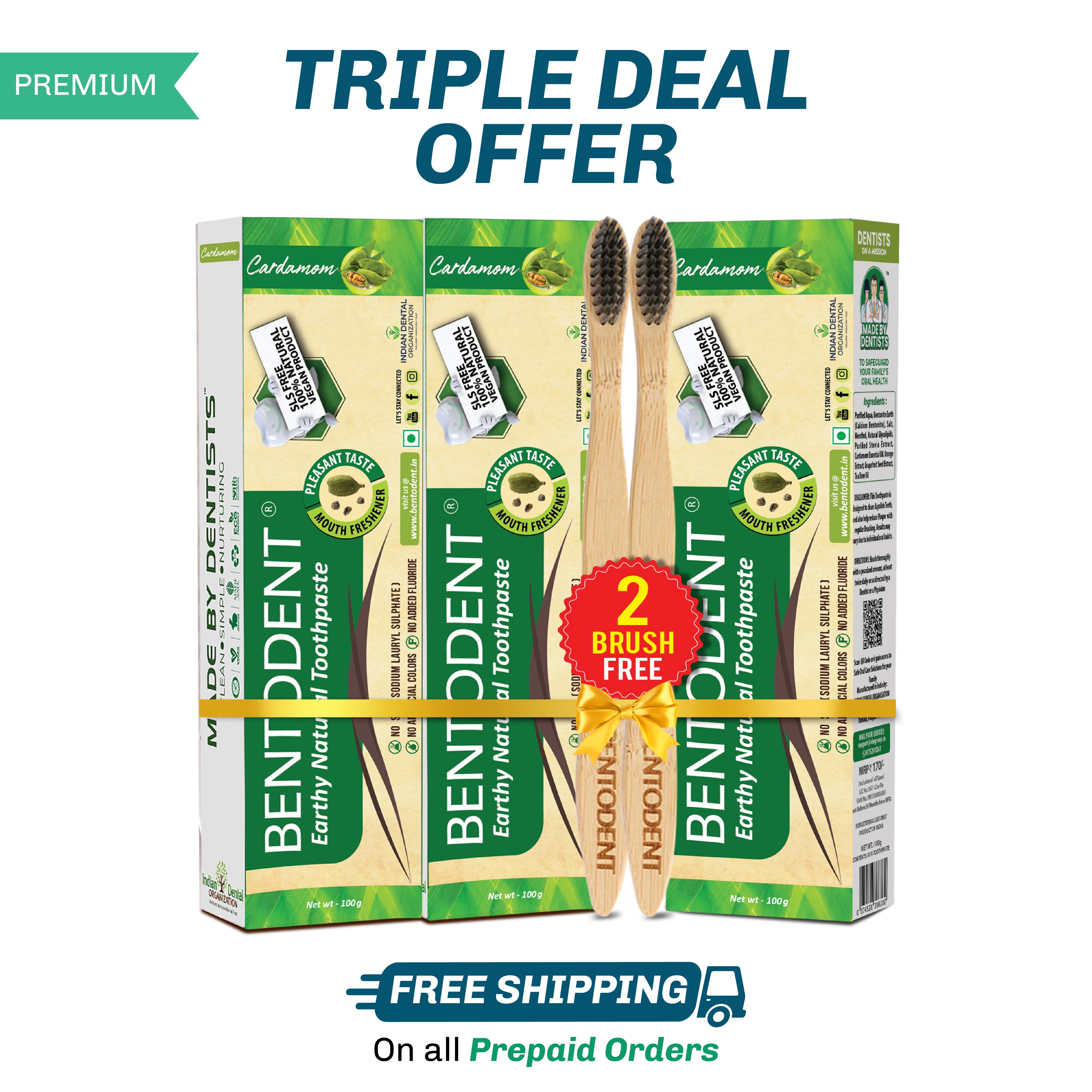 Bentodent Cardamom Toothpaste - Natural, No SLS & Fluoride Free - 100 gm (FREE DIYA).