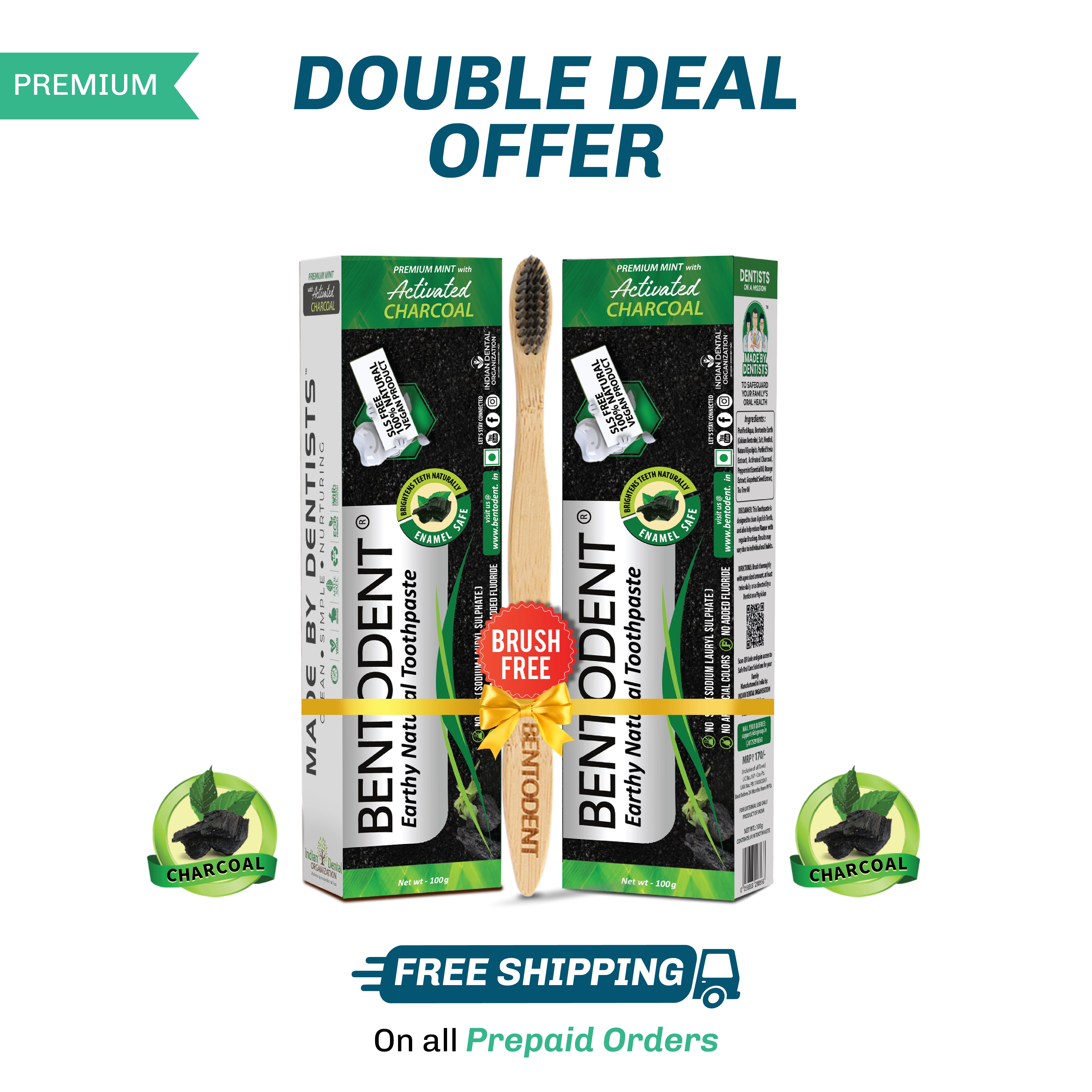 Bentodent Charcoal Teeth Whitening Toothpaste - Natural & Fluoride Free - 100 gm