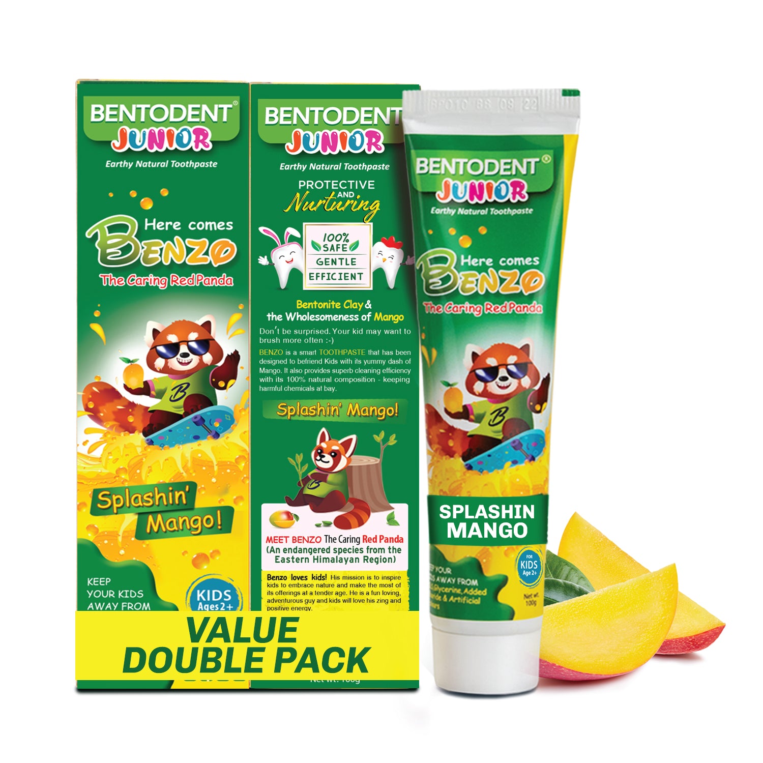 Bentodent 100% Natural Kids Splashin Mango twin Toothpaste, Fluoride Free, Sls Free, Complete oral care protection for kids, Fresh Breath, Best toothpaste for kids 2+ years 100g each - Indian Dental Organization