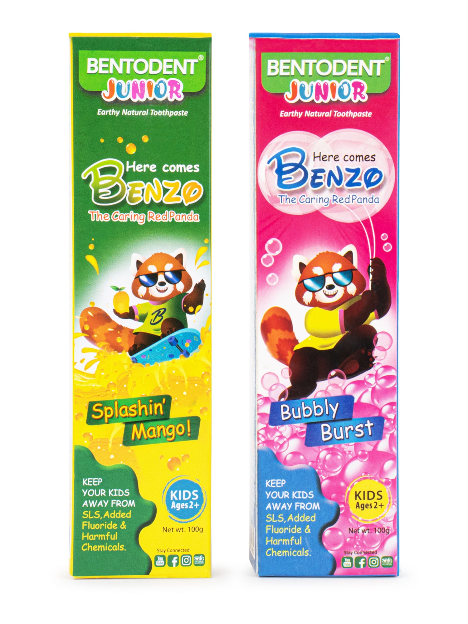 Bentodent 100% Natural Kids Mango & Bubble Gum Toothpaste Pack, No Fluoride, No Sls, Complete oral care, 2+ years 100g each - Indian Dental Organization