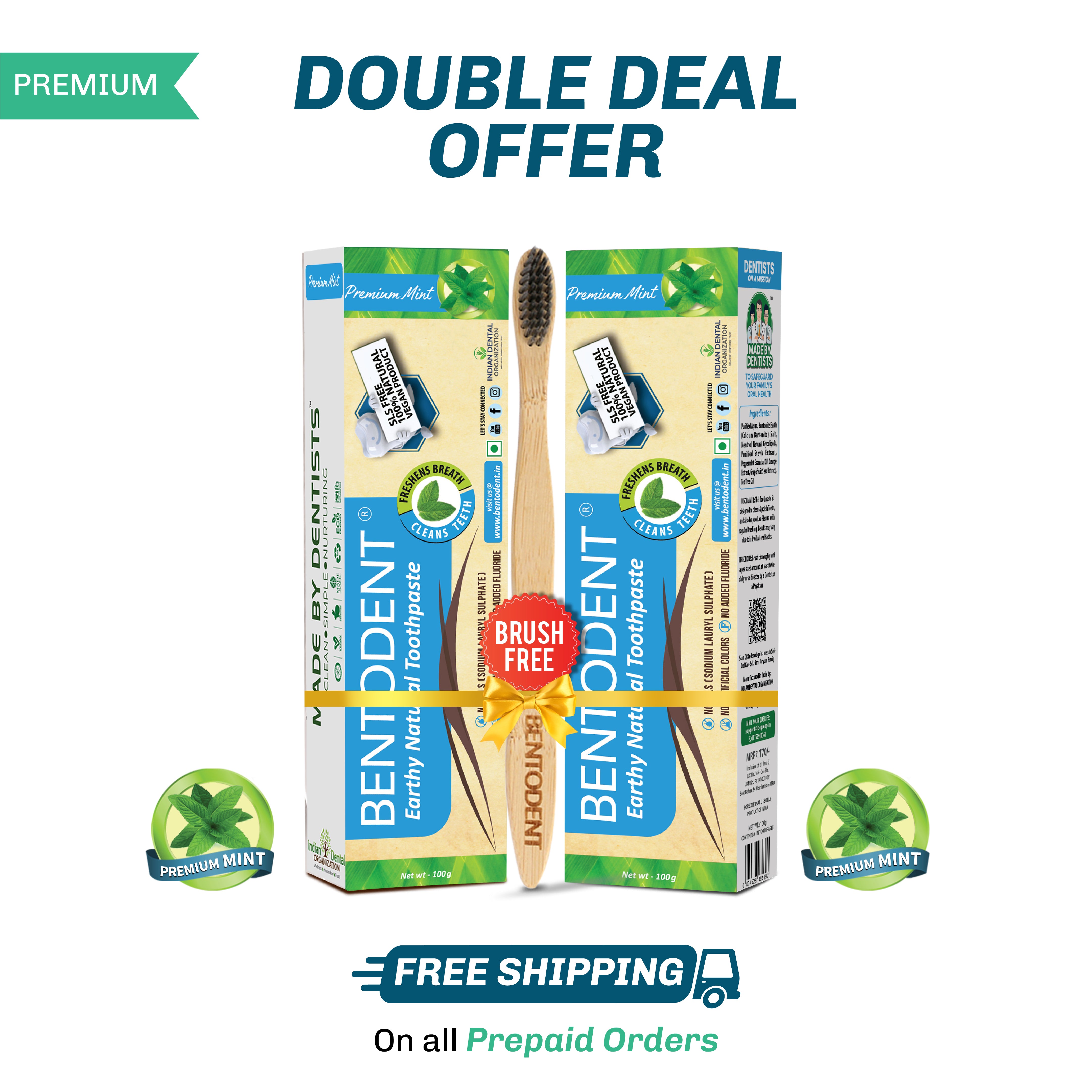 Bentodent Premium Mint Herbal Toothpaste - SLS Free , Natural & Fluoride Free - 100 gm