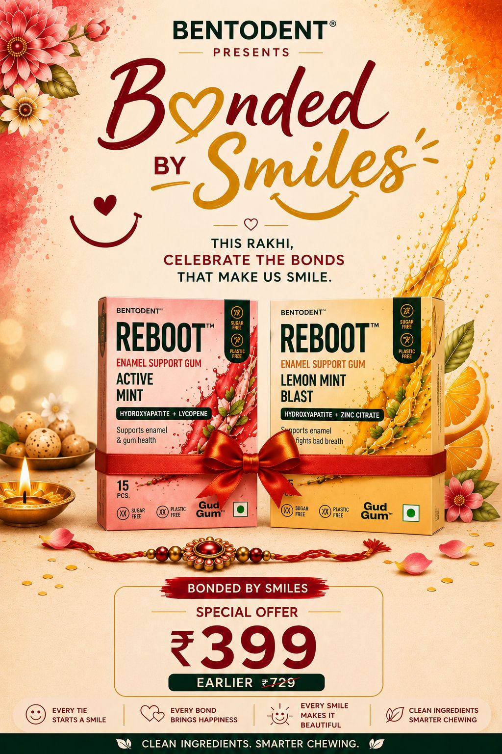 Bentodent Enamel Support Cosmetic Tooth Gum - Active Mint + Lemon Mint (Pack of 2)
