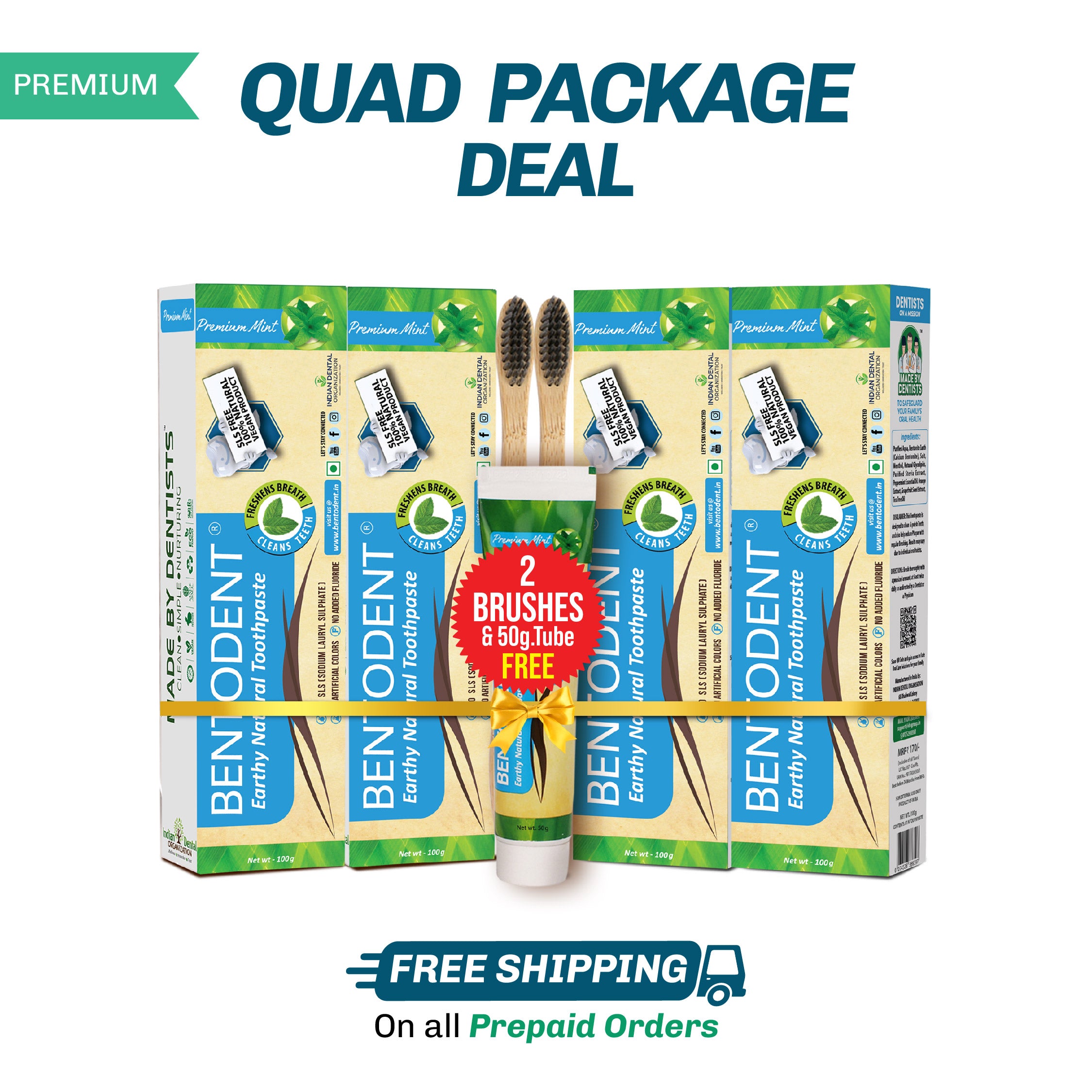 Bentodent Premium Mint Herbal Toothpaste - SLS Free , Natural & Fluoride Free - 100 gm