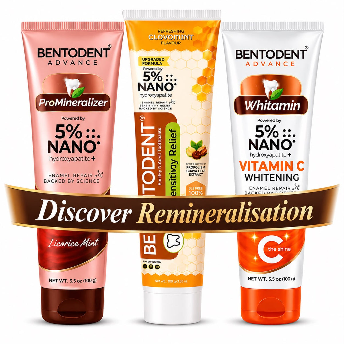 # Product Title **Bentodent Advance 5% High Purity Nano Hydroxyapatite Toothpaste Collection | Repair, Protect & Whitening | Pack of 3 (Promineraliser, Vitamin C Whitening & Sensitivity Relief) | 300g | FREE 2 Bamboo Toothbrushes**