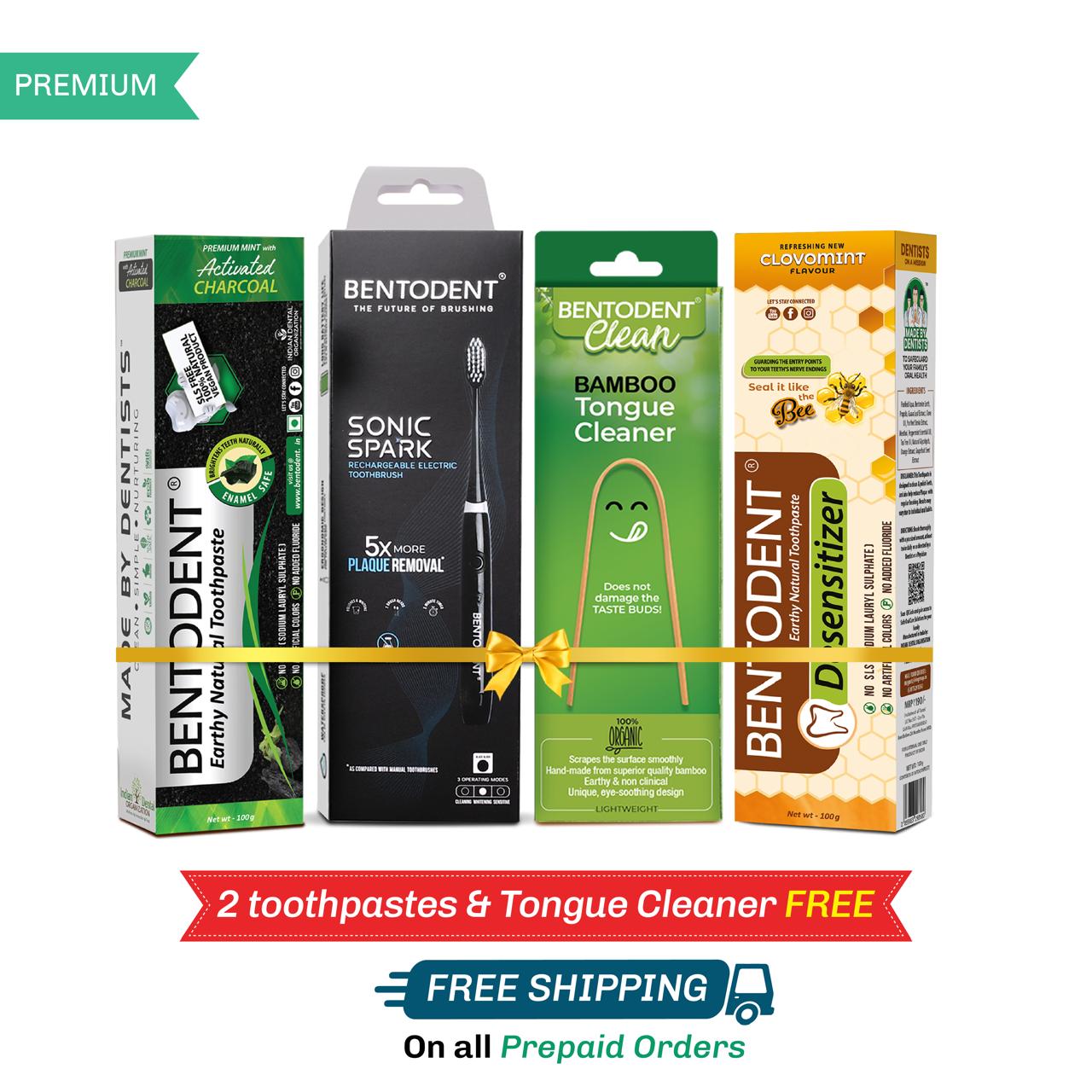 Season of Smile Special Gift Hamper Box -Advanced Rechargeable Electric Toothbrush -Sonic Spark with Free Charcoal, Desensitizer,Cardamom ) and Tongue Cleaner / Pack of 1