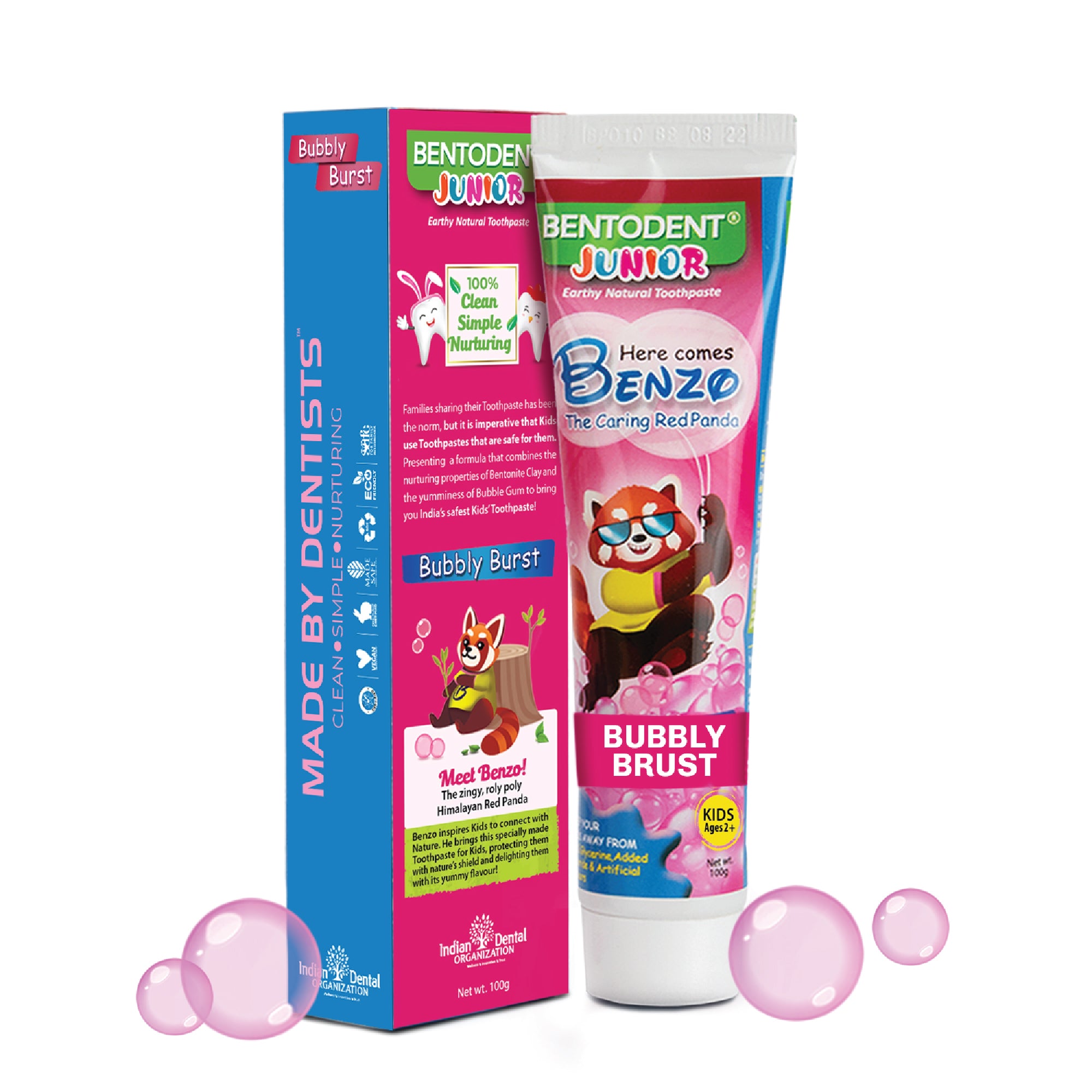 Bentodent 100% Natural Kids Bubbly Burst Toothpaste, Fluoride Free, Sls Free, Complete oral care protection for kids, Fresh Breath, Best toothpaste for kids 2+ years 100g - Indian Dental Organization