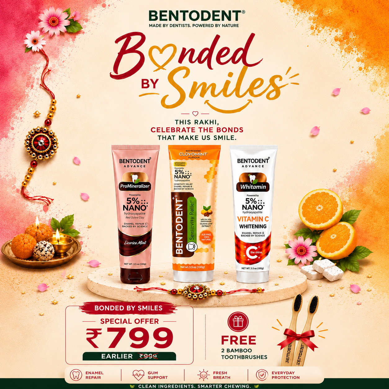 # Product Title **Bentodent Advance 5% High Purity Nano Hydroxyapatite Toothpaste Collection | Repair, Protect & Whitening | Pack of 3 (Promineraliser, Vitamin C Whitening & Sensitivity Relief) | 300g | FREE 2 Bamboo Toothbrushes**