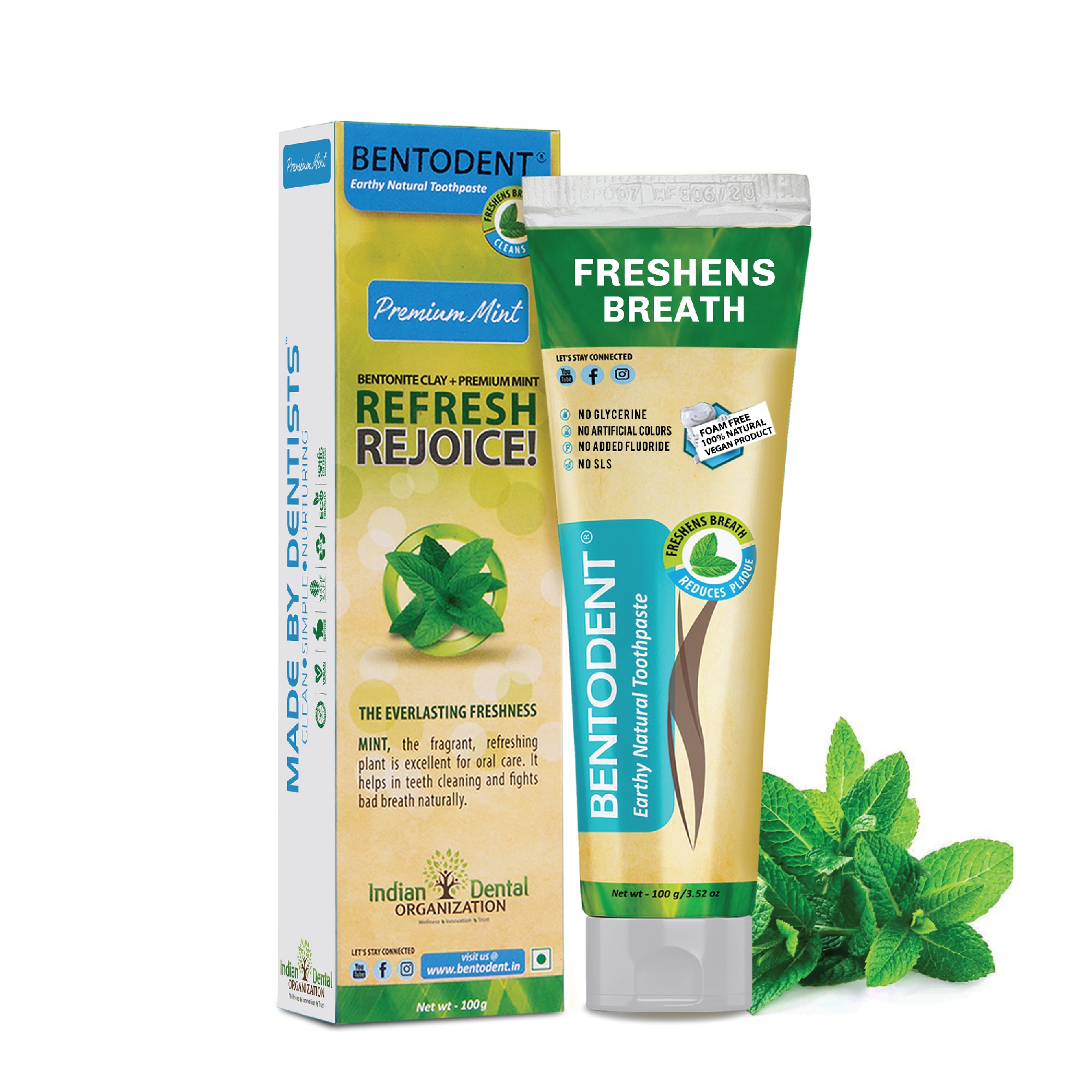 Bentodent Premium Mint Natural Toothpaste (Twin Pack) - 100 gm each - Indian Dental Organization