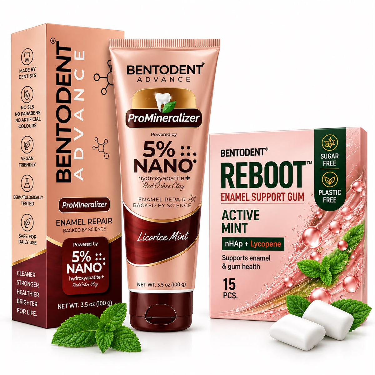 Bentodent Advance ProMineralizer Toothpaste with 5% Nano Hydroxyapatite & Licorice Mint + Reboot Enamel Support Gum Active Mint, Sugar Free & Plastic Free Combo Pack