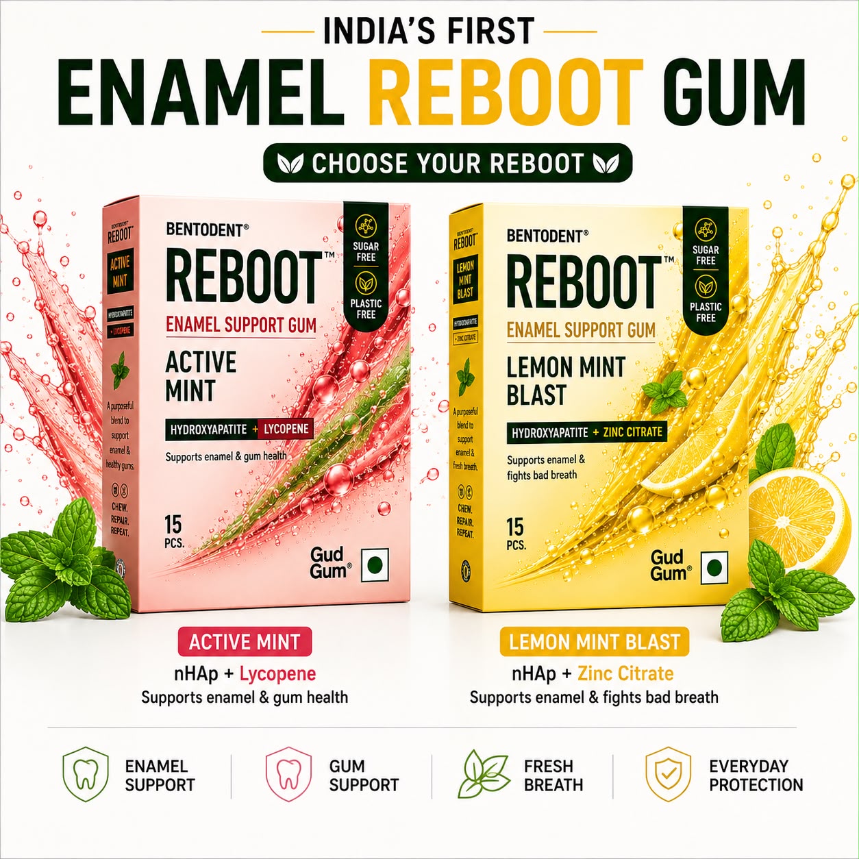 BENTODENT REBOOT Premium Enamel Support Gum – Lemon Mint Blast | Hydroxyapatite + Zinc Citrate | Sugar Free Gum for Fresh Breath & Enamel Care | Biodegradable Gum Base | 15 Pcs