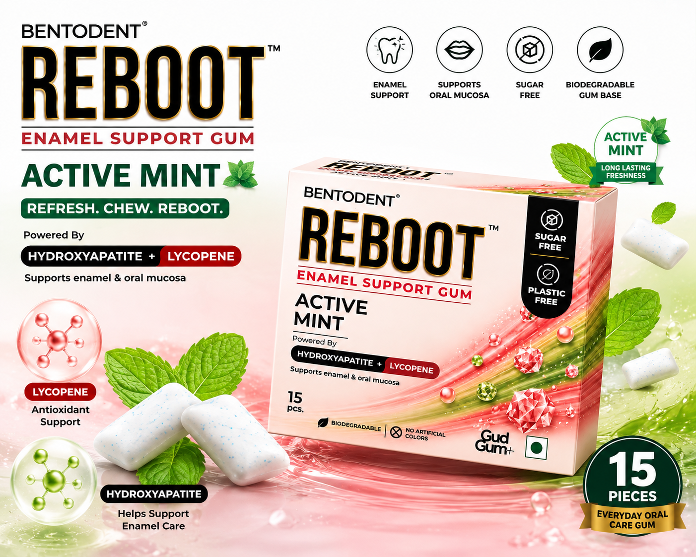 BENTODENT REBOOT Premium Enamel Support Gum – Hydroxyapatite + Lycopene Oral Care Formula, Sugar Free Active Mint Gum, Supports Enamel & Oral Mucosa, Biodegradable, 15 Pcs