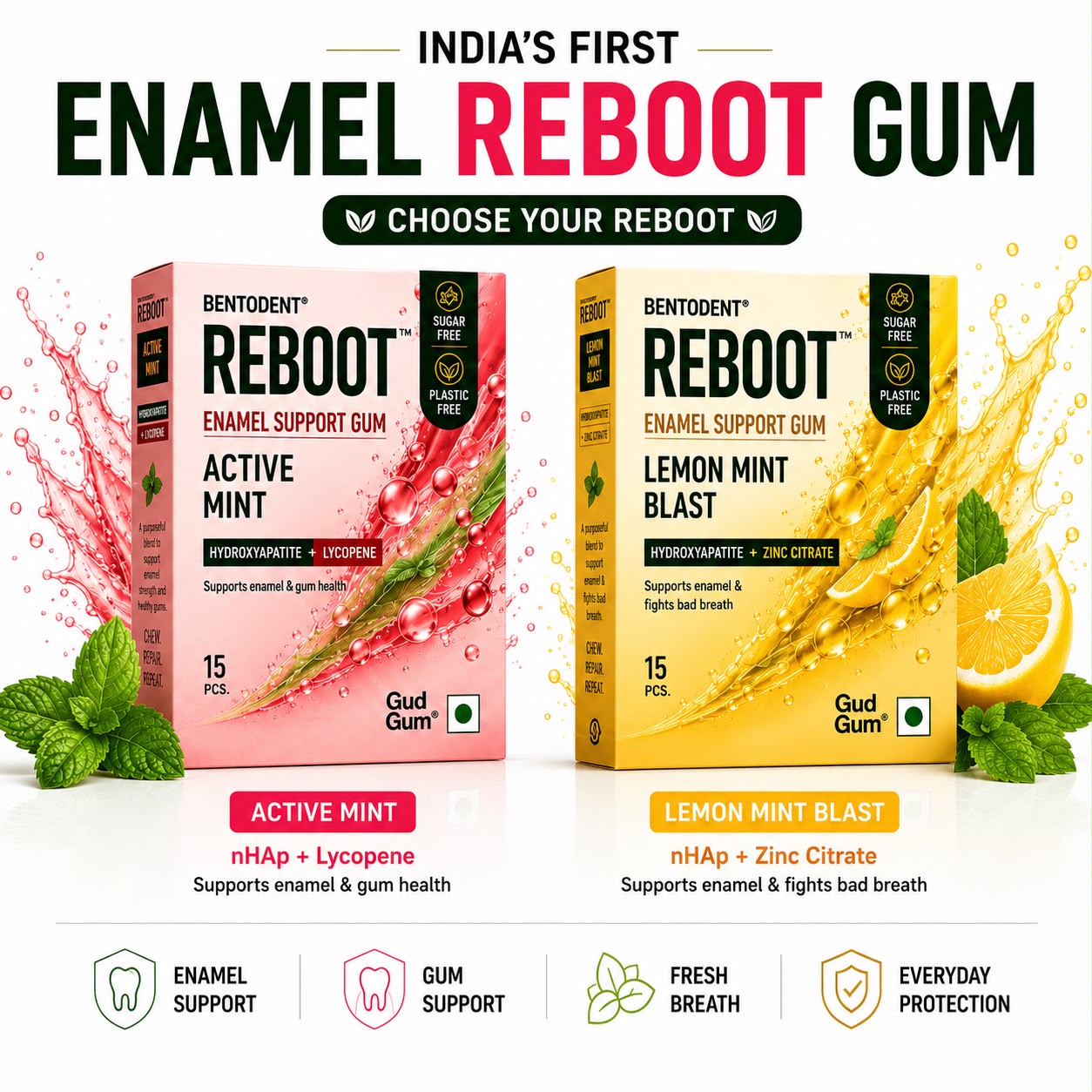 BENTODENT REBOOT Premium Enamel Support Gum – Hydroxyapatite + Lycopene Oral Care Formula, Sugar Free Active Mint Gum, Supports Enamel & Oral Mucosa, Biodegradable, 15 Pcs