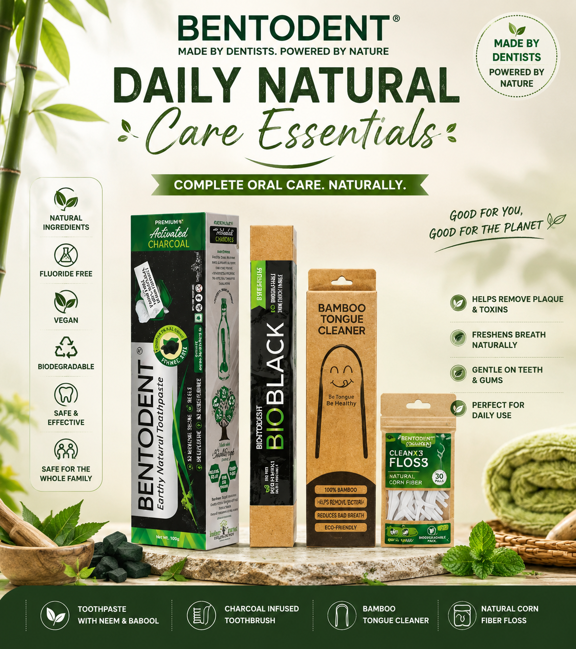 **Bentodent Smile Box | Complete Natural Oral Care Kit | Activated Charcoal Toothpaste 100g + Bio Black Soft Toothbrush + Bamboo Tongue Cleaner + Cleanx3 Floss (30 Pack) | Vegan, Fluoride-Free & Biodegradable**