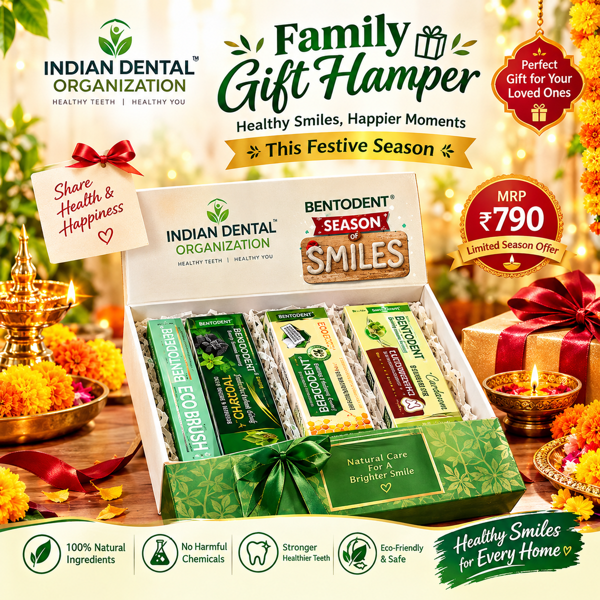 Bentodent Festival Smile Box – Complete Natural Oral Care Gift Set | 3 Herbal Toothpastes, Easy Floss Picks, Bamboo Toothbrush & Tongue Cleaner | Festive Smile Essentials