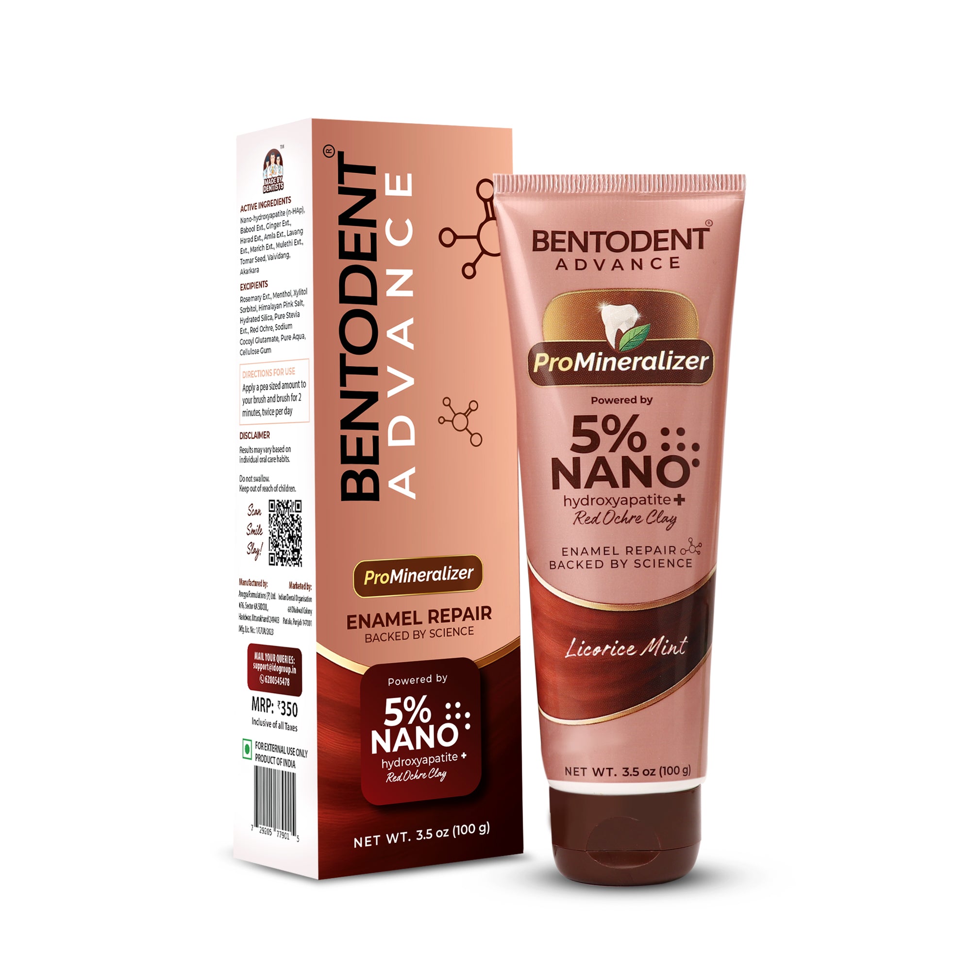 Bentodent Advance Promineraliser with 5% Nano Hydroxyapatite & Licorice mint | SLS & Chemical free | Flouride Free | Enamel repair | Teeth Whitening| Fights Cavities,Gum Diseases & Bad Breath | Vegan | Organic| Made by Dentists