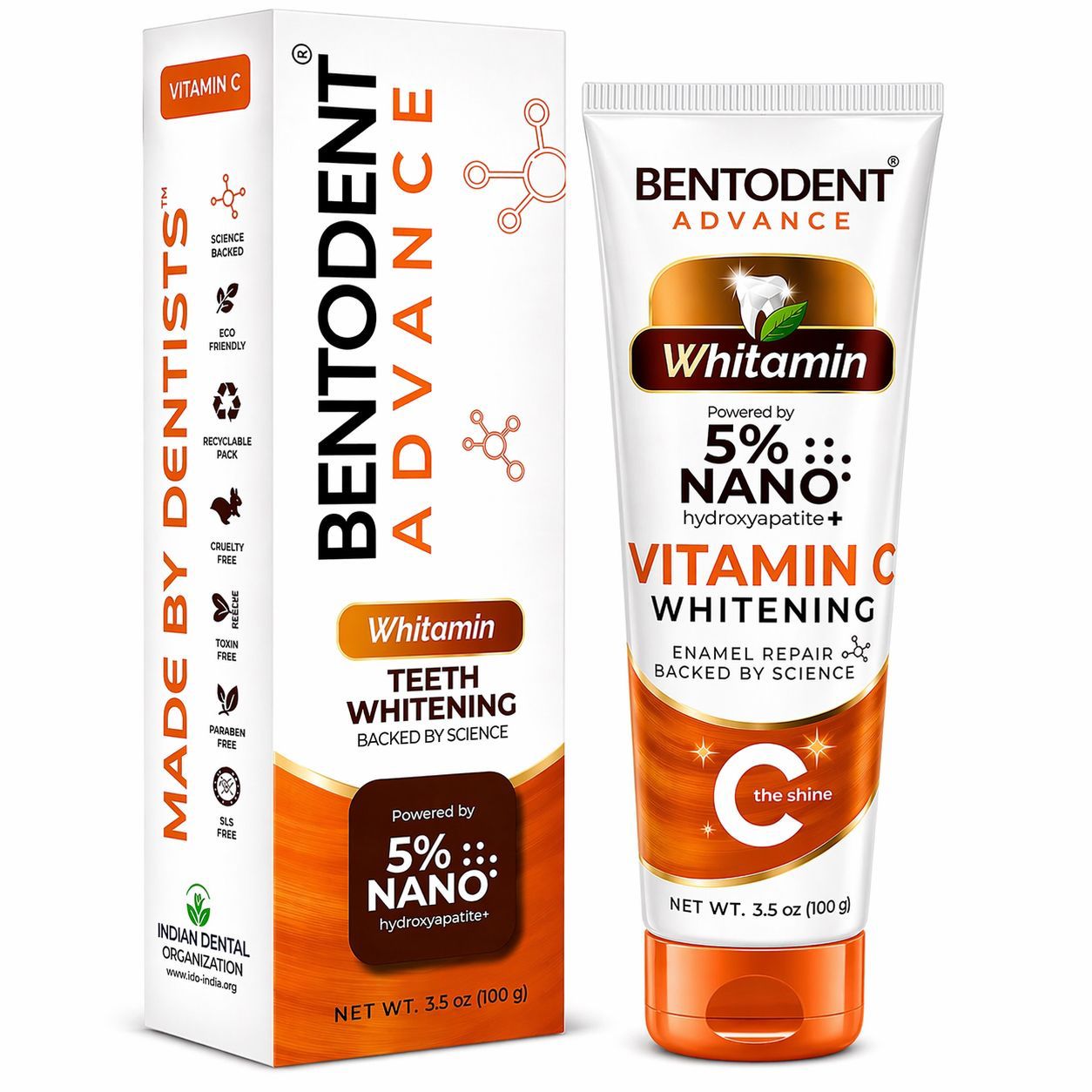 BENTODENT TOOTHPASTE Advance Whitamin Teeth Whitening Toothpaste, Vitamin C, 5% Nano Hydroxyapatite, Enamel Repair, 100g