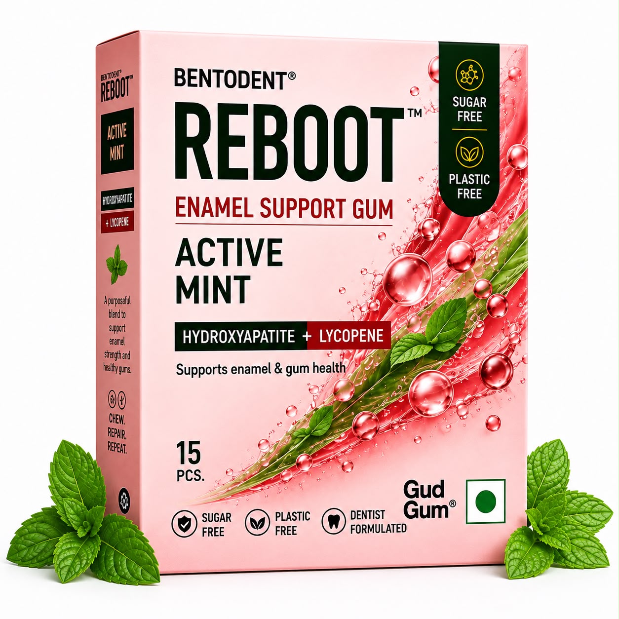 BENTODENT REBOOT Premium Enamel Support Gum – Hydroxyapatite + Lycopene Oral Care Formula, Sugar Free Active Mint Gum, Supports Enamel & Oral Mucosa, Biodegradable, 15 Pcs