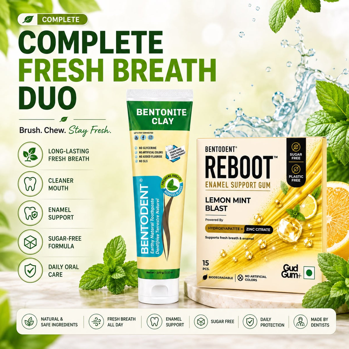 Bentodent Natural Toothpaste 100g with Premium Mint & Calcium Bentonite + REBOOT Lemon Mint Blast Enamel Support Gum 15 Pcs | Sugar Free & Plastic Free Gum | Nano Hydroxyapatite & Zinc Citrate | Fresh Breath, Bad Breath Control & Daily Oral Care Combo
