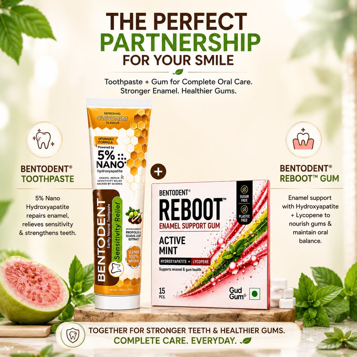 Bentodent Sensitivity Relief Toothpaste 100g + REBOOT Active Mint Enamel Support Gum 15 Pcs with Nano Hydroxyapatite & Lycopene | Sugar Free & Plastic Free Chewing Gum | Enamel Repair, Sensitive Teeth & Fresh Breath | Daily Oral Care Combo