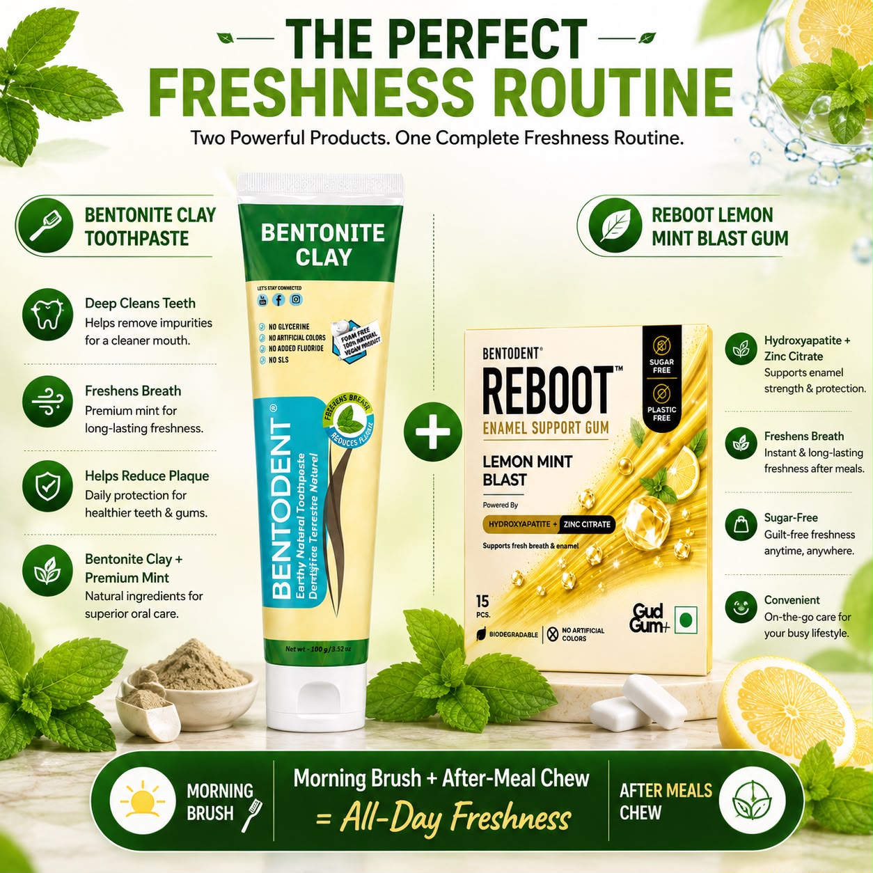 Bentodent Natural Toothpaste 100g with Premium Mint & Calcium Bentonite + REBOOT Lemon Mint Blast Enamel Support Gum 15 Pcs | Sugar Free & Plastic Free Gum | Nano Hydroxyapatite & Zinc Citrate | Fresh Breath, Bad Breath Control & Daily Oral Care Combo
