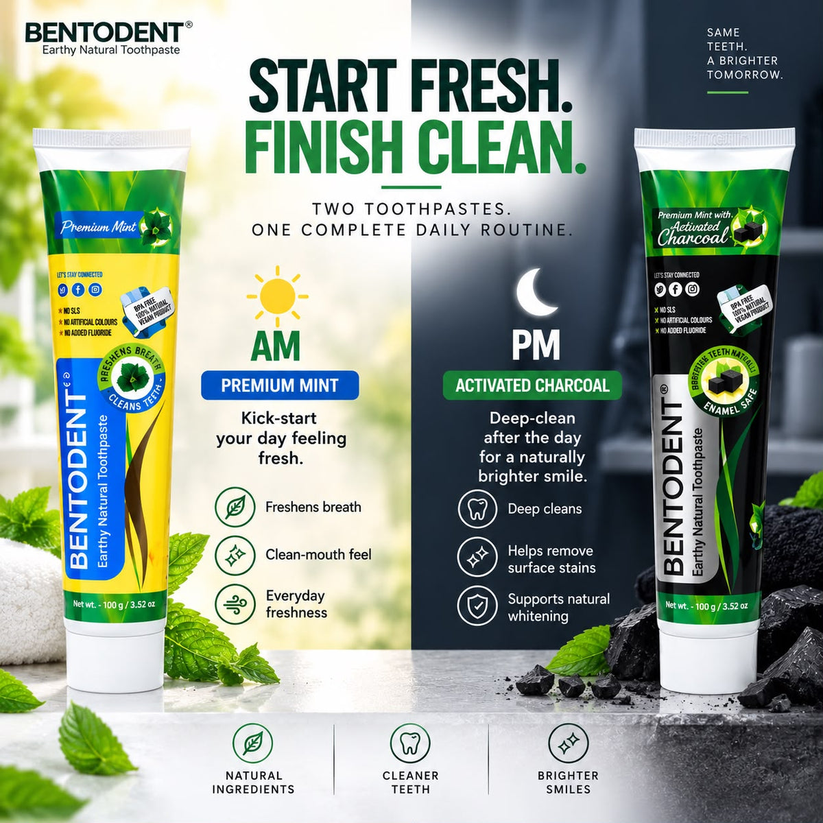 Bentodent Charcoal & Premium Mint Toothpaste Combo Pack of 2 | Natural Oral Care for Teeth Whitening, Fresh Breath & Gum Care | Fluoride & SLS Free | 100g Each