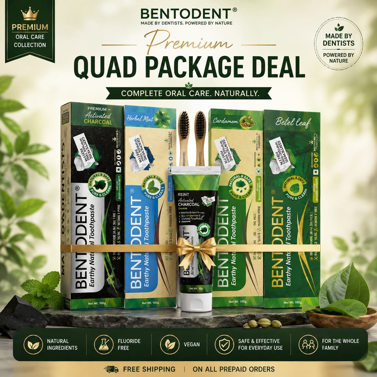 Bentodent Family Pack Toothpaste Combo | Premium Mint, Cardamom, Charcoal & Betel Leaf | 100g Each + 50g Free Toothpaste + 2 Free Bamboo Toothbrushes | SLS Free & Fluoride Free | Herbal Oral Care