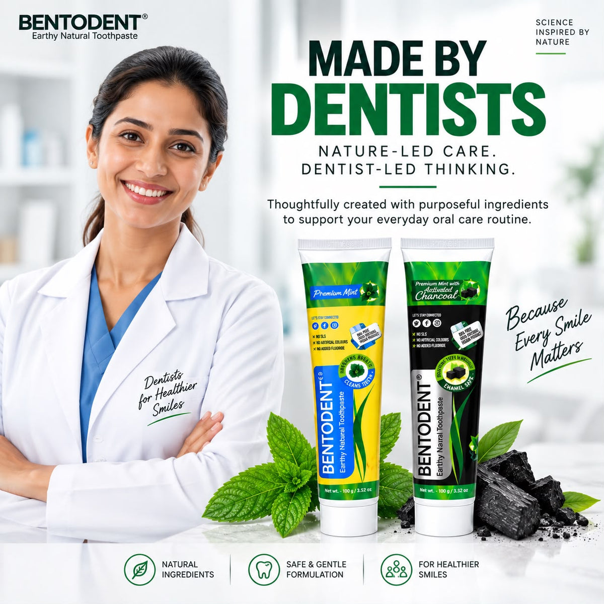 Bentodent Charcoal & Premium Mint Toothpaste Combo Pack of 2 | Natural Oral Care for Teeth Whitening, Fresh Breath & Gum Care | Fluoride & SLS Free | 100g Each
