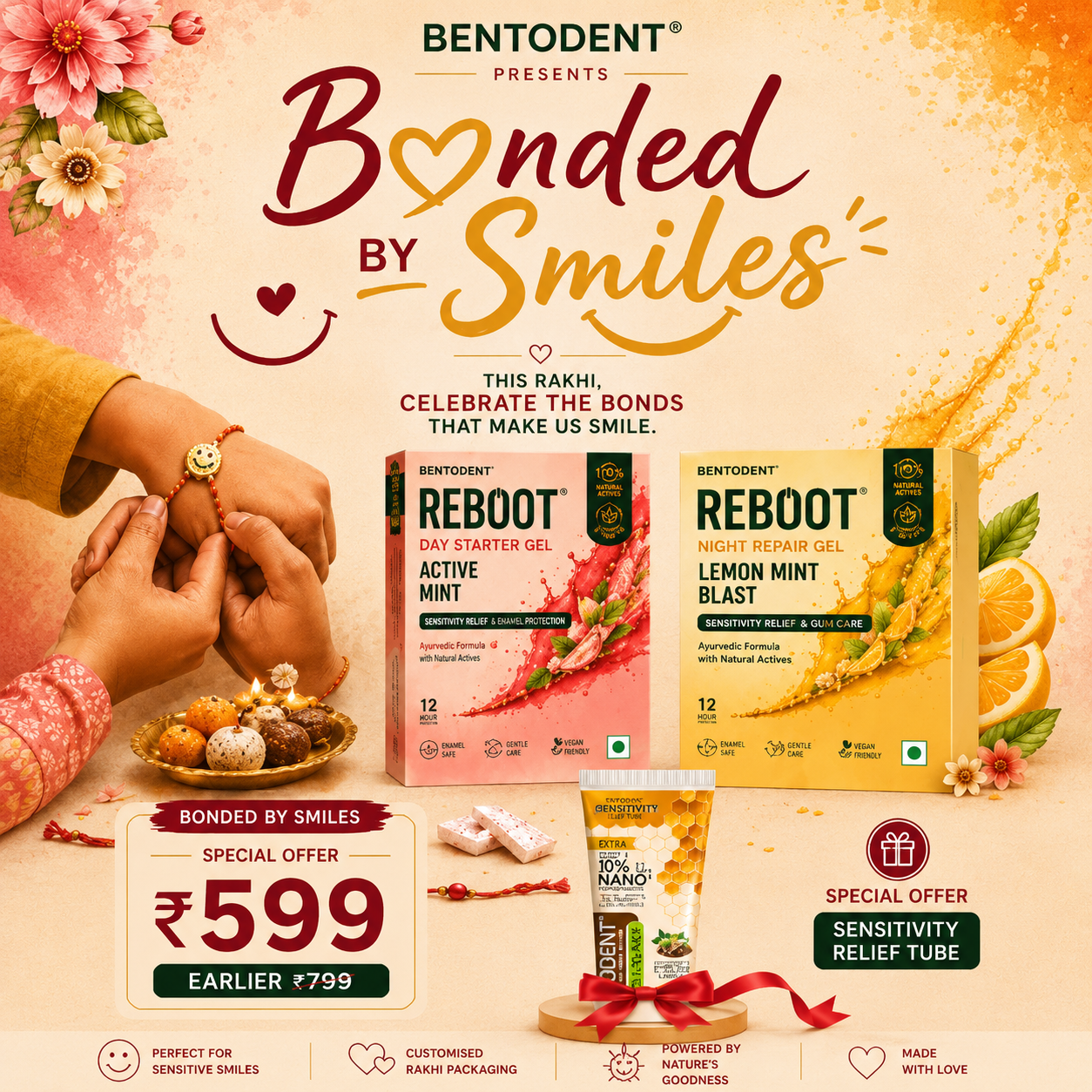 Bentodent Bonded By Smiles Gift Set | Enamel Support Gum – Active Mint & Lemon Mint Blast (15 Pcs Each) + Sensitivity Relief Toothpaste with 5% Nano Hydroxyapatite | SLS Free, Sugar Free & Plastic Free Natural Oral Care Combo