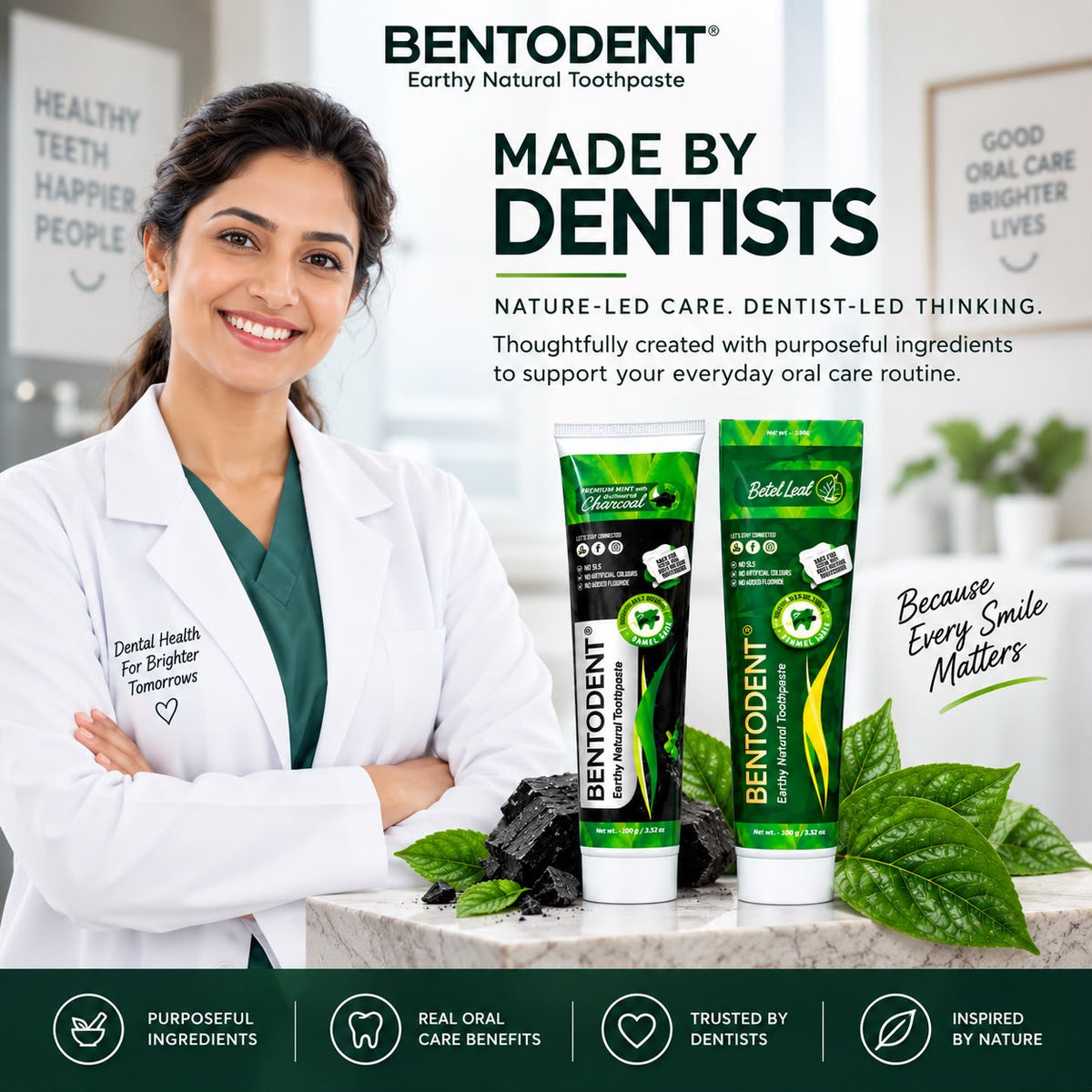 Bentodent Charcoal & Betel Leaf Natural Toothpaste Combo Pack of 2 | Teeth Whitening & Gum Care | Helps Fight Cavities, Plaque & Bad Breath | Fluoride & SLS Free | 100g Each